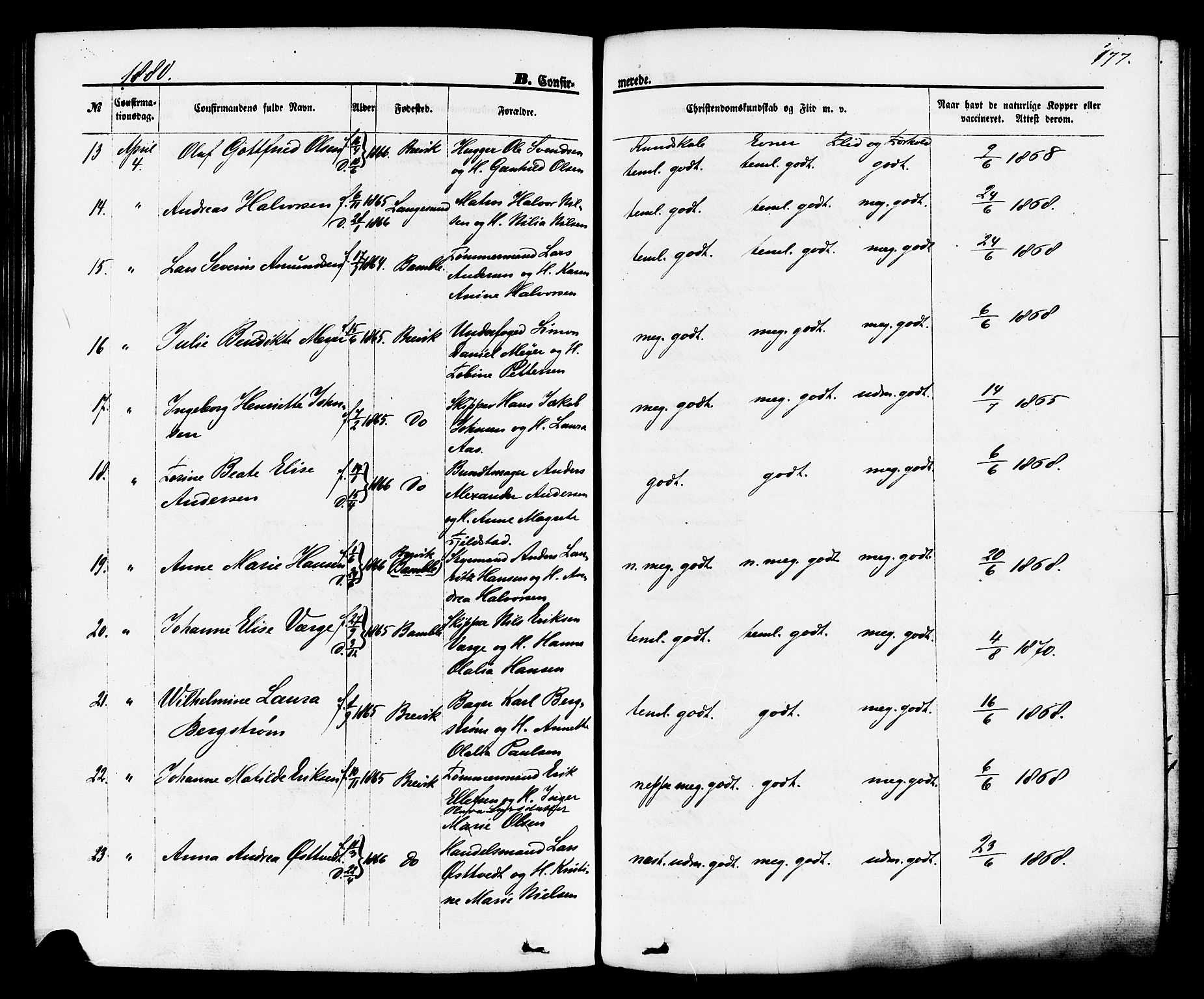 Brevik kirkebøker, SAKO/A-255/F/Fa/L0006: Parish register (official) no. 6, 1866-1881, p. 177
