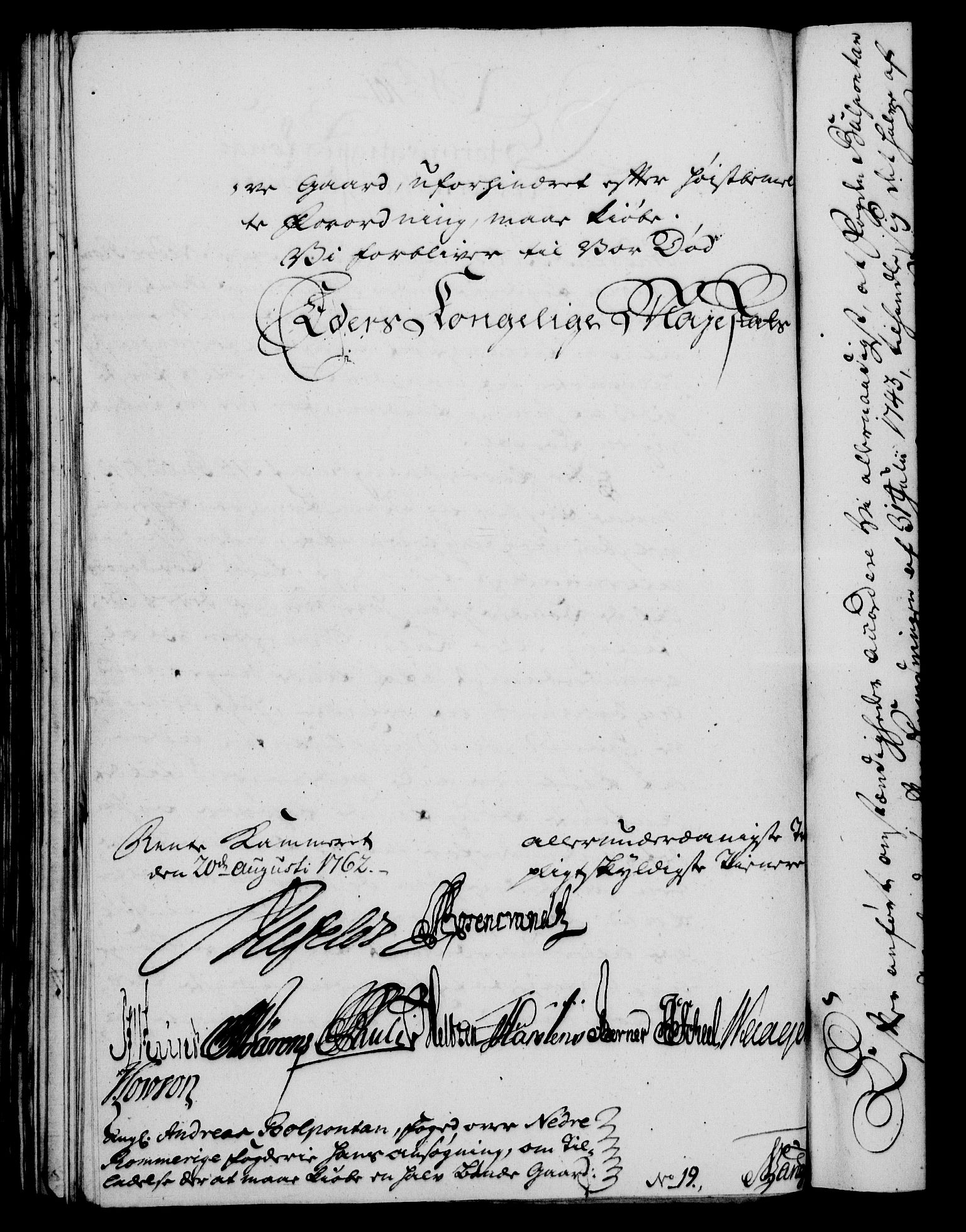 Rentekammeret, Kammerkanselliet, RA/EA-3111/G/Gf/Gfa/L0044: Norsk relasjons- og resolusjonsprotokoll (merket RK 52.44), 1762, p. 385