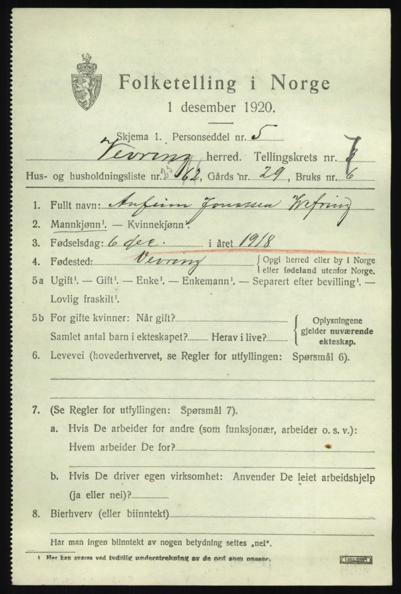 SAB, 1920 census for Vevring, 1920, p. 2252