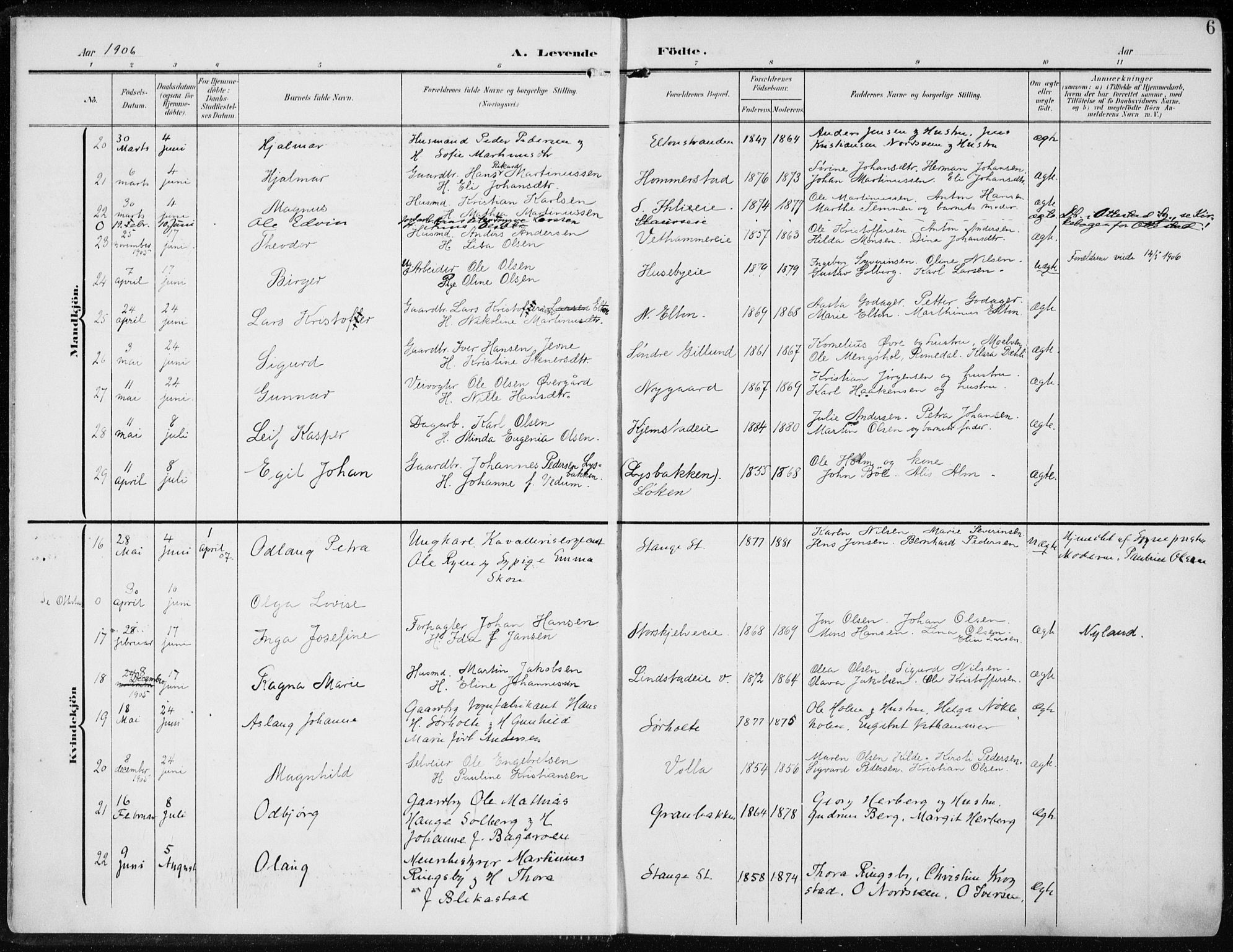 Stange prestekontor, AV/SAH-PREST-002/K/L0024: Parish register (official) no. 24, 1906-1922, p. 6