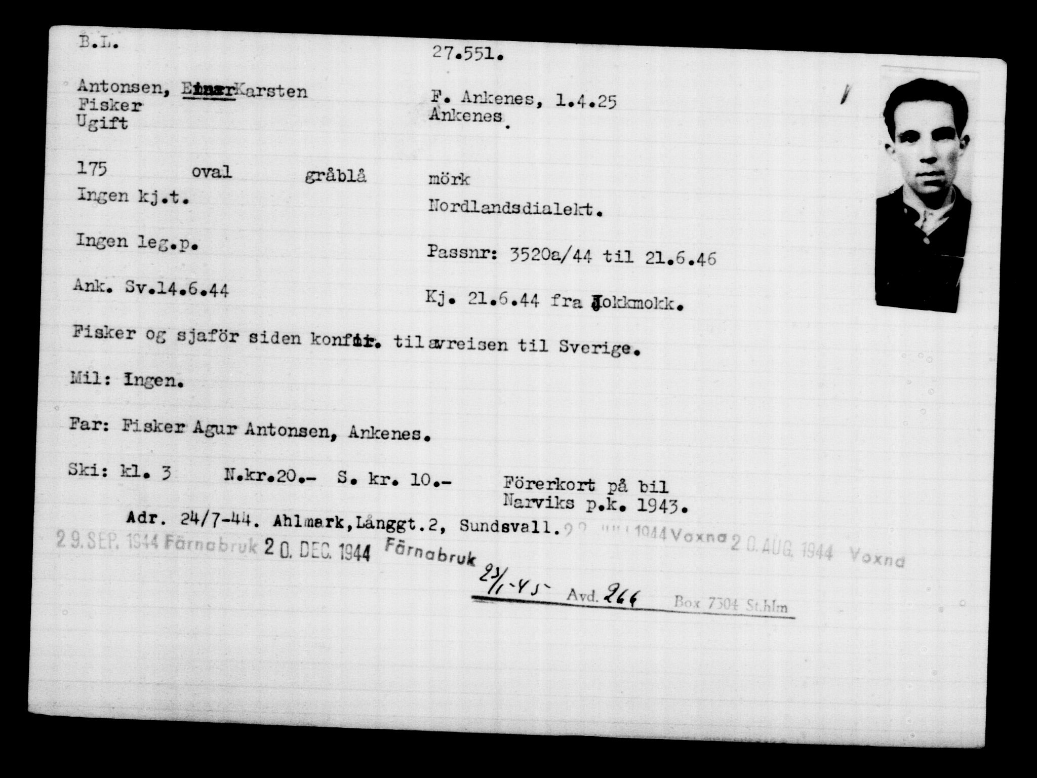 Utenriksstasjonene, Legasjonen i Stockholm, Flyktningkontoret, AV/RA-S-6753/V/Va/L0011: Kjesäterkartoteket, flyktninger med registreringsnr. 25300-28349, 1940-1945, p. 2386