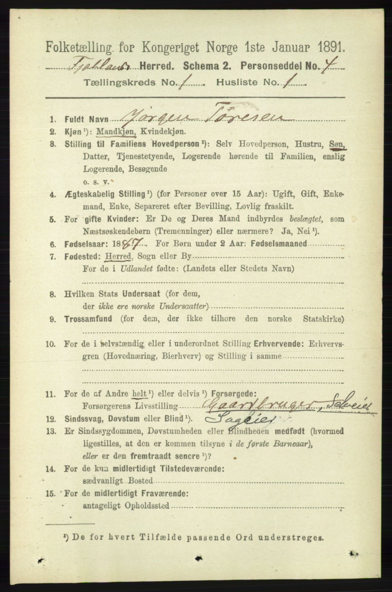 RA, 1891 census for 1036 Fjotland, 1891, p. 54