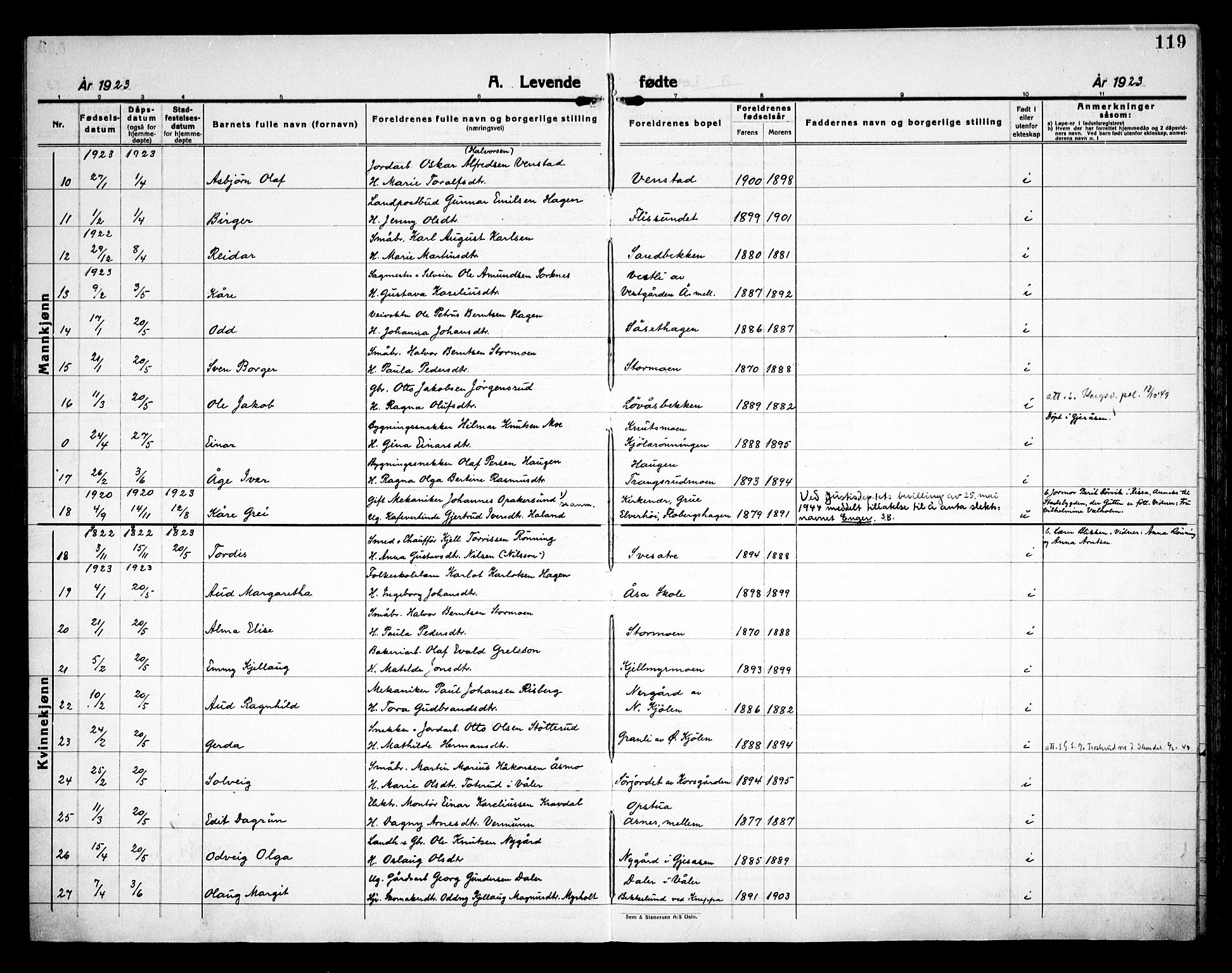 Åsnes prestekontor, AV/SAH-PREST-042/H/Ha/Haa/L0000C: Parish register (official) no. 0A, 1890-1929, p. 119