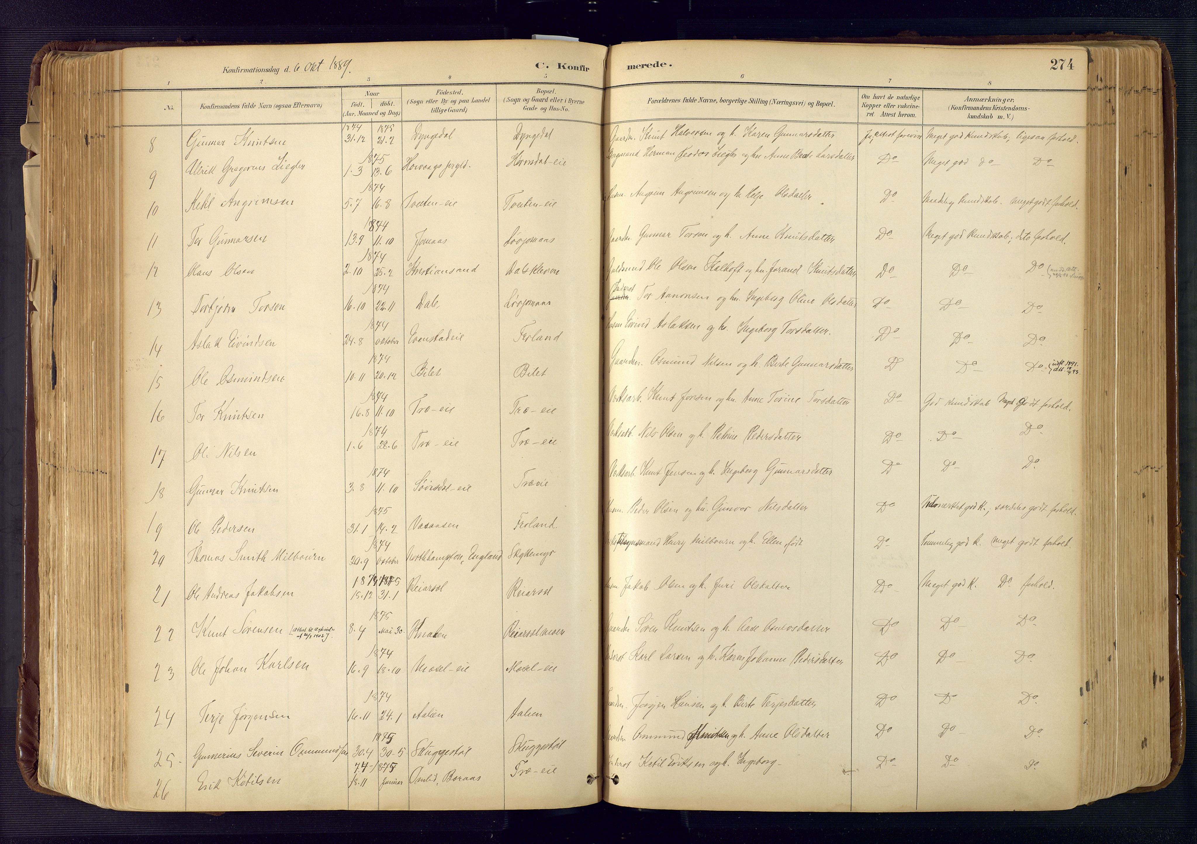 Froland sokneprestkontor, SAK/1111-0013/F/Fa/L0005: Parish register (official) no. A 5, 1882-1921, p. 274
