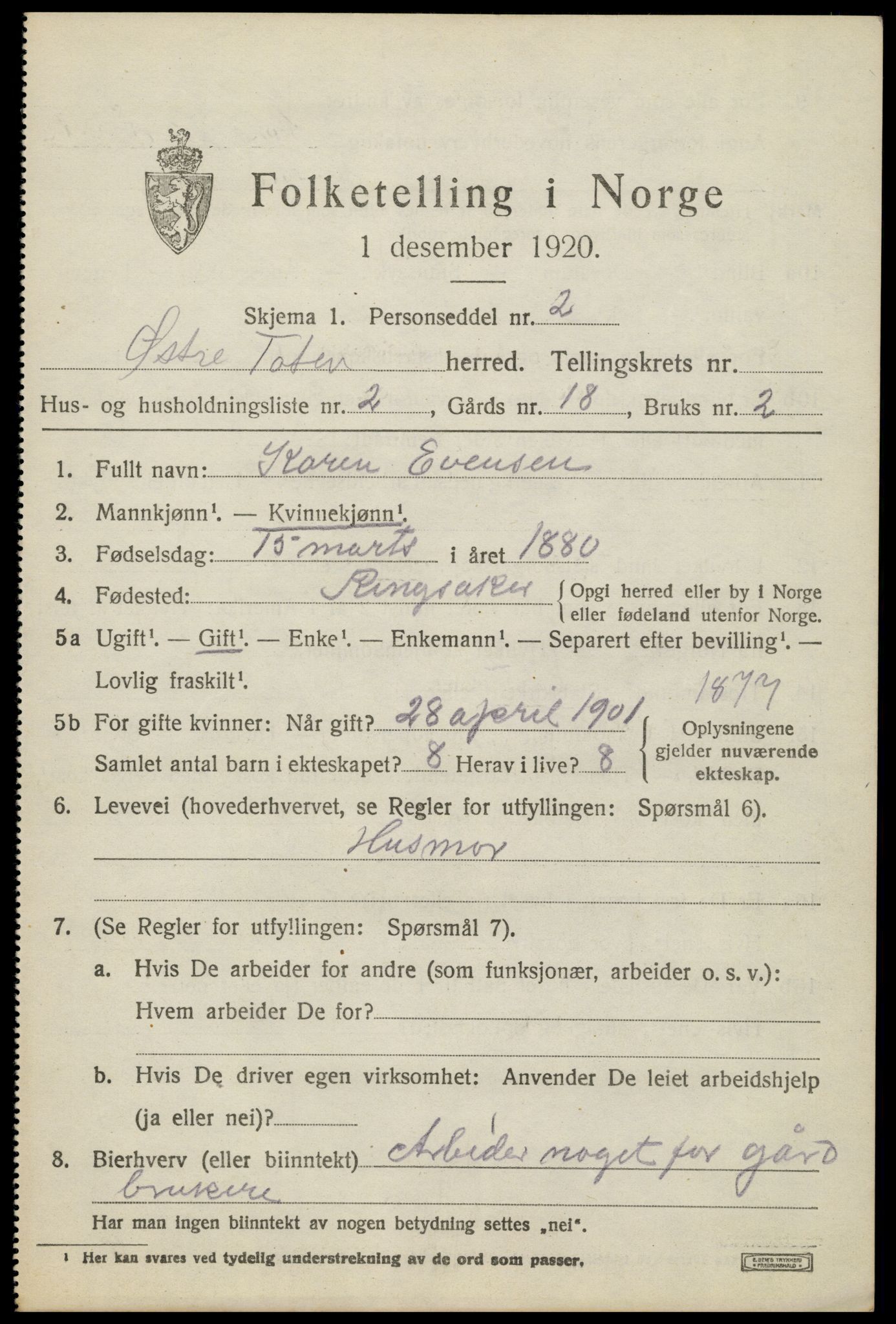SAH, 1920 census for Biri, 1920, p. 2043