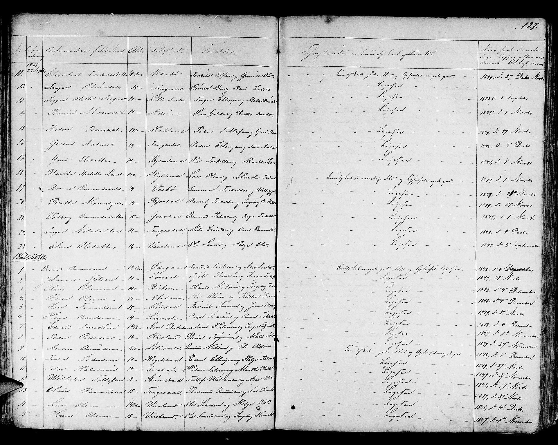 Helleland sokneprestkontor, AV/SAST-A-101810: Parish register (copy) no. B 3, 1847-1886, p. 127