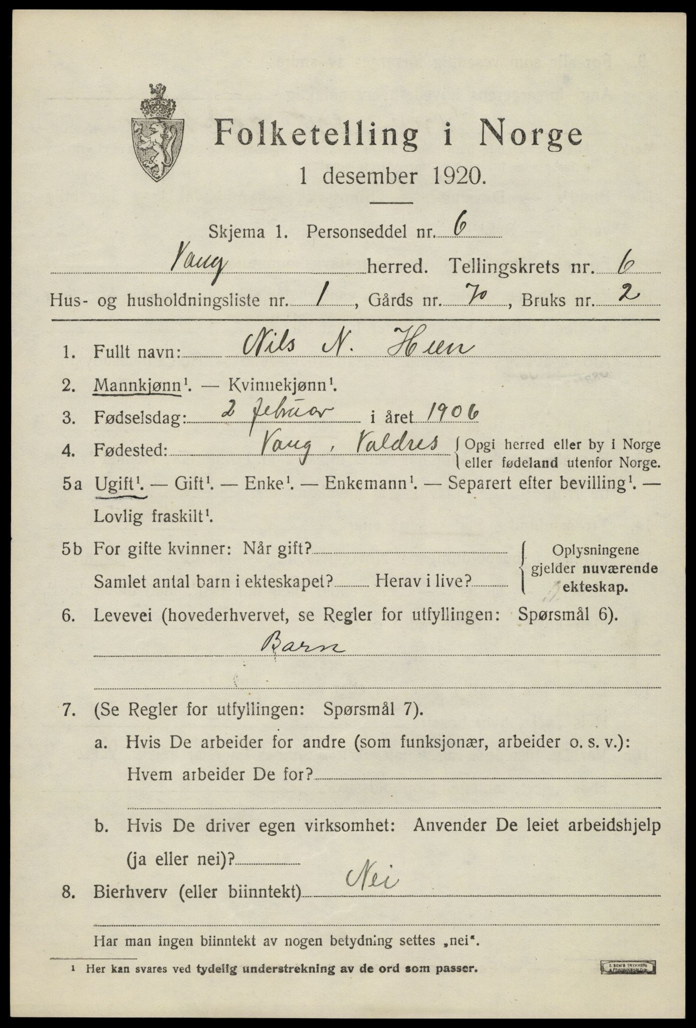 SAH, 1920 census for Vang (Oppland), 1920, p. 2639