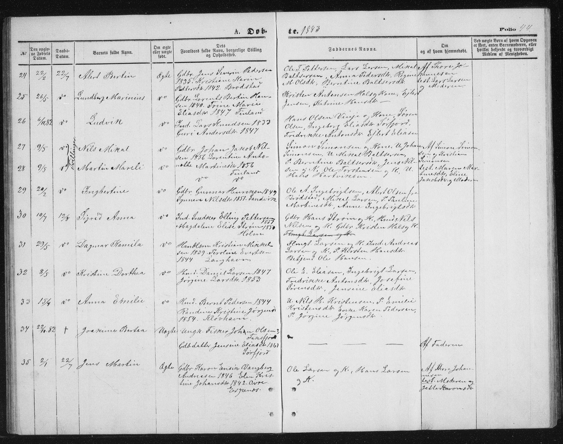 Tranøy sokneprestkontor, SATØ/S-1313/I/Ia/Iab/L0013klokker: Parish register (copy) no. 13, 1874-1896, p. 44