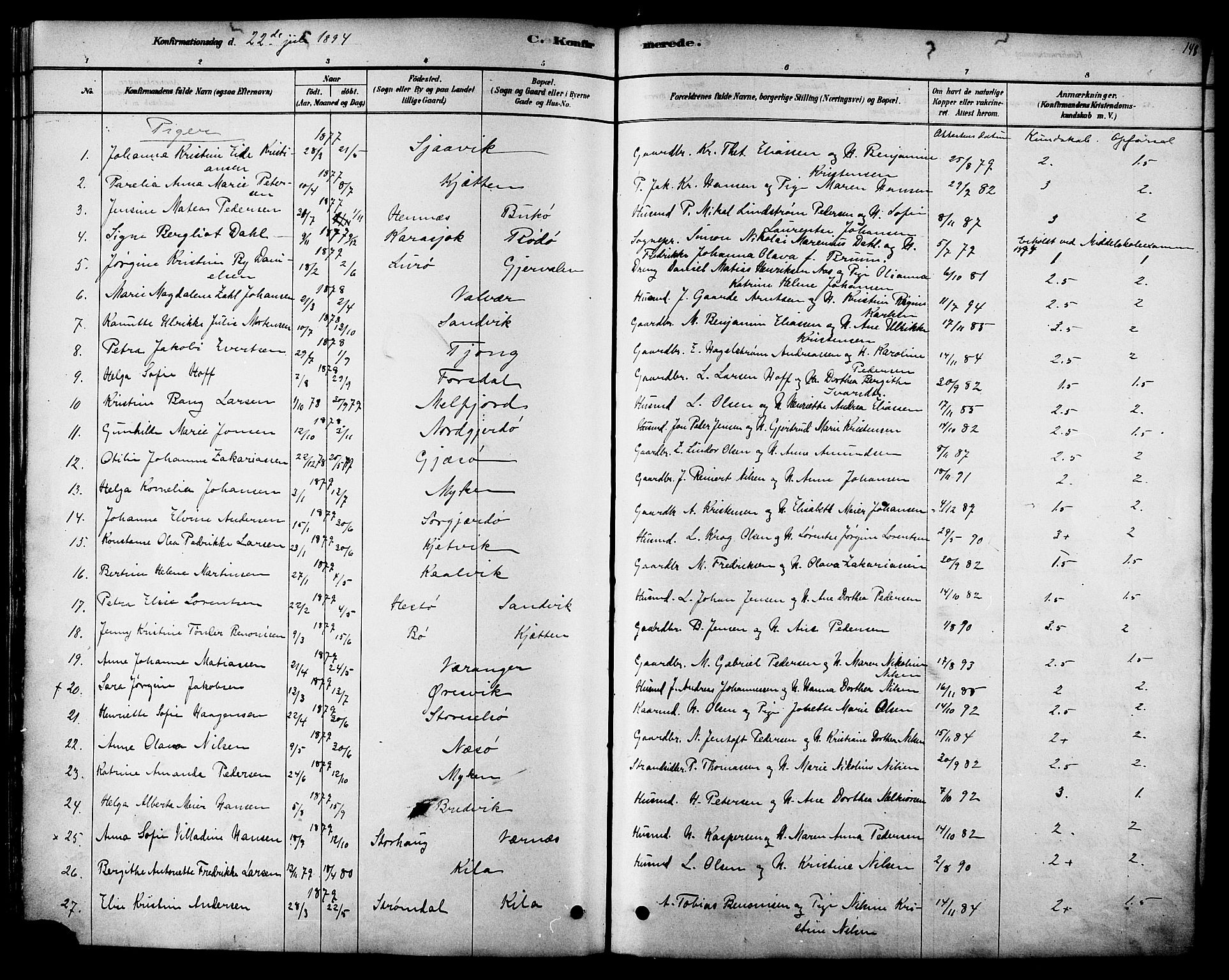 Ministerialprotokoller, klokkerbøker og fødselsregistre - Nordland, AV/SAT-A-1459/841/L0609: Parish register (official) no. 841A12, 1878-1901, p. 148