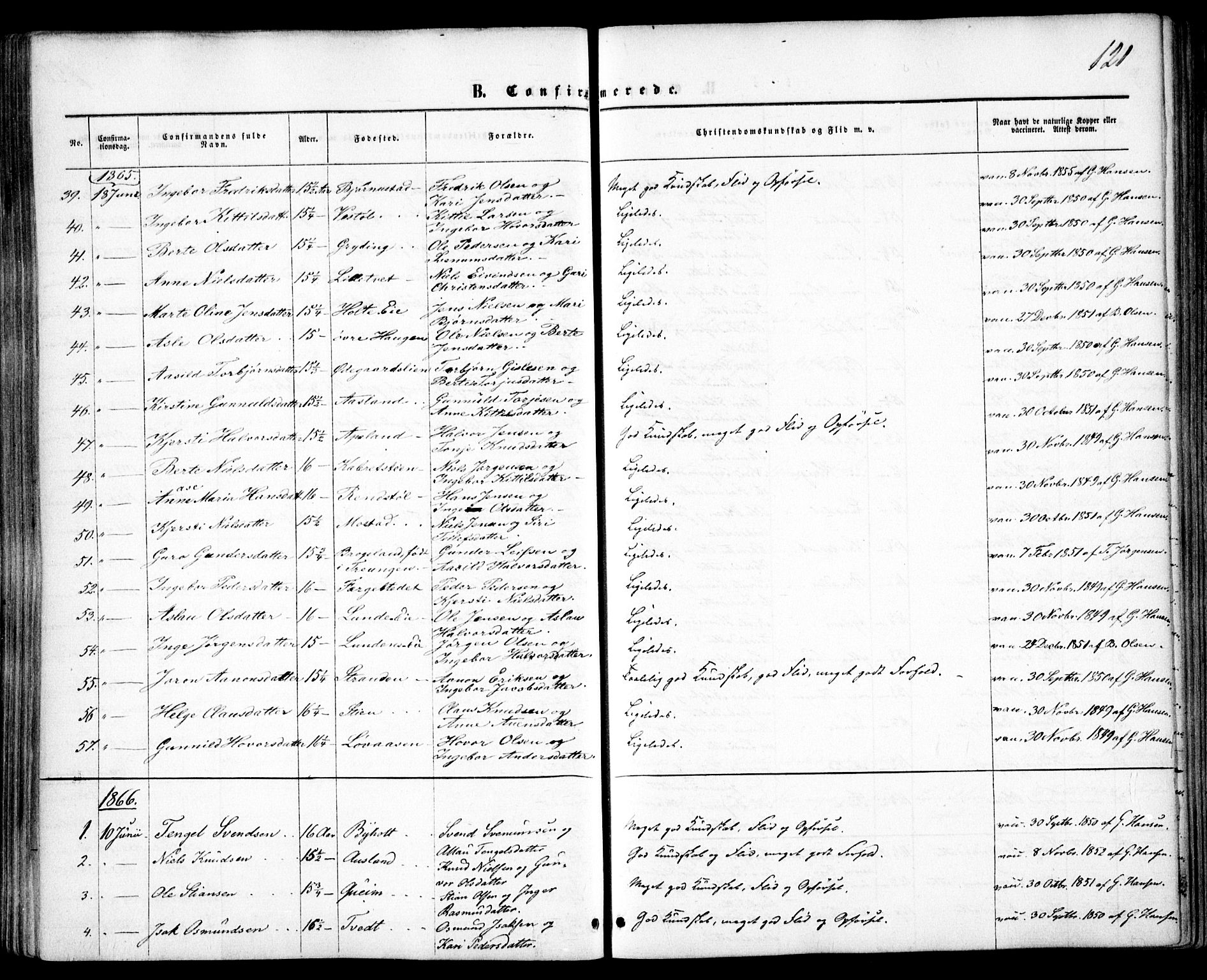 Gjerstad sokneprestkontor, SAK/1111-0014/F/Fa/Faa/L0007: Parish register (official) no. A 7, 1858-1875, p. 121