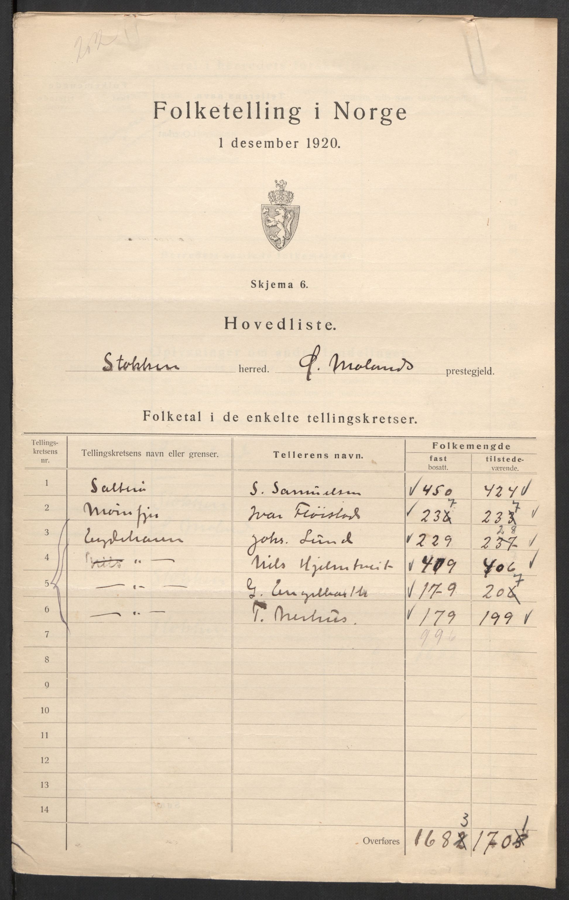 SAK, 1920 census for Stokken, 1920, p. 3