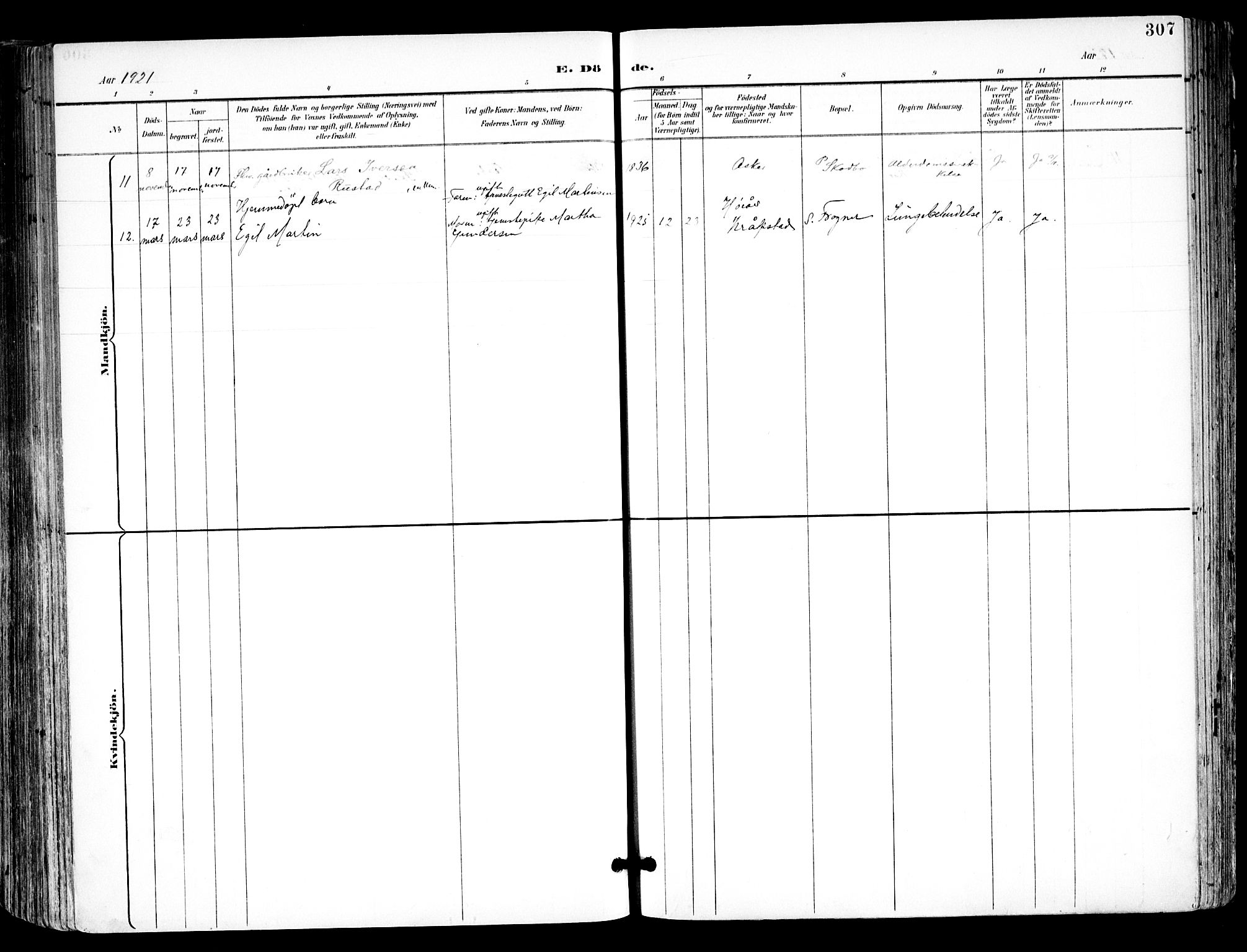 Kråkstad prestekontor Kirkebøker, AV/SAO-A-10125a/F/Fa/L0010: Parish register (official) no. I 10, 1893-1931, p. 307