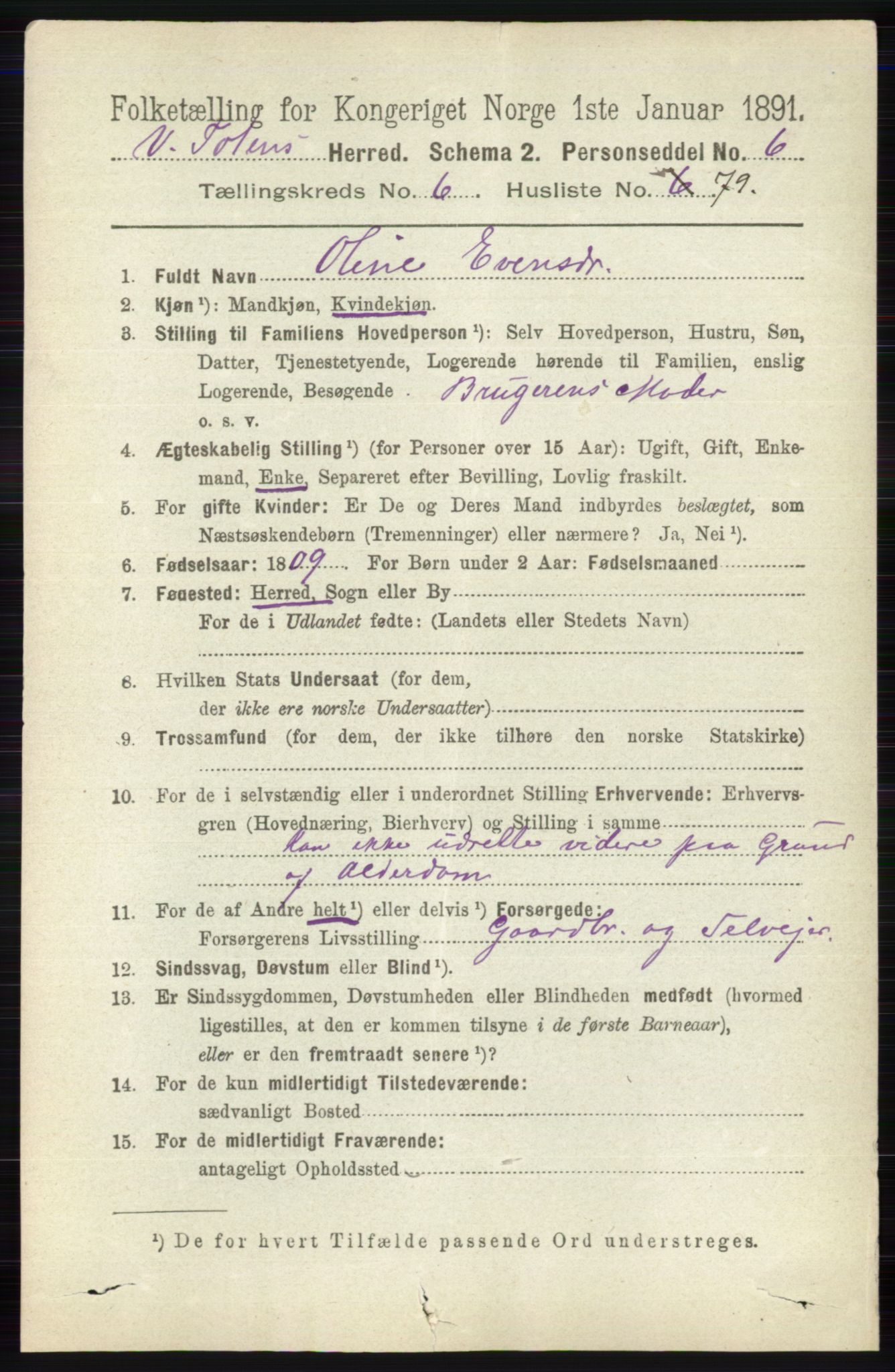 RA, 1891 census for 0529 Vestre Toten, 1891, p. 4275