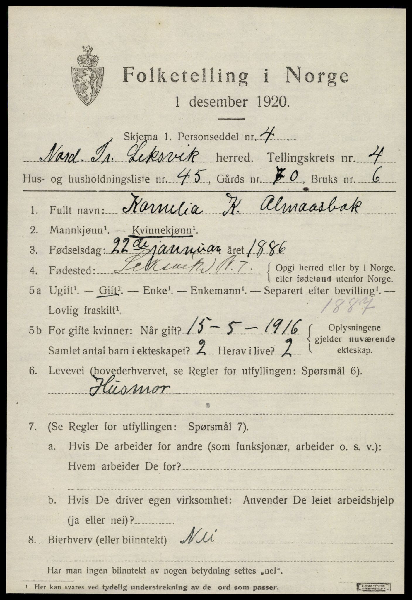 SAT, 1920 census for Leksvik, 1920, p. 4074