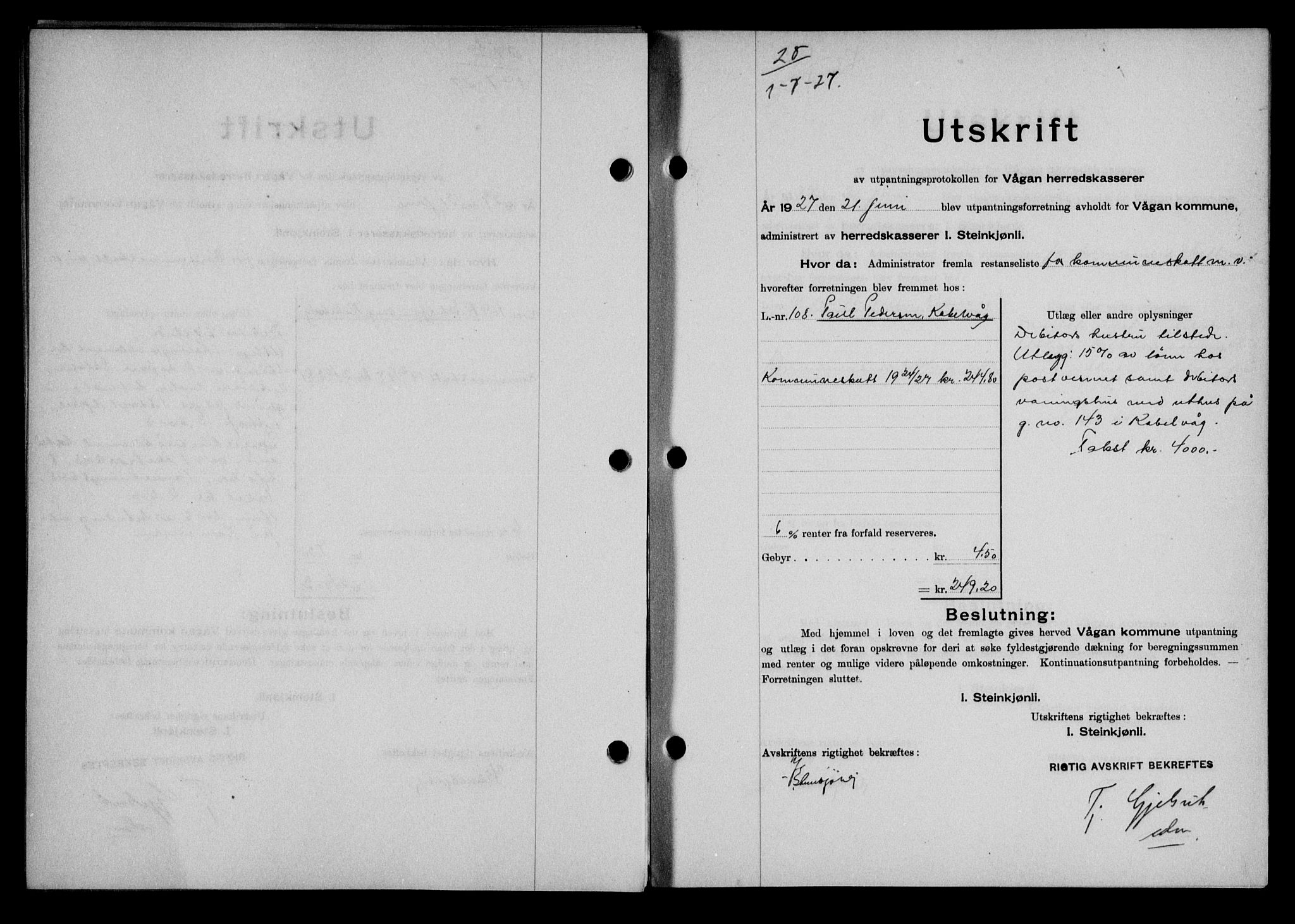 Lofoten sorenskriveri, SAT/A-0017/1/2/2C/L0015b: Mortgage book no. 15b, 1927-1927, Deed date: 01.07.1927