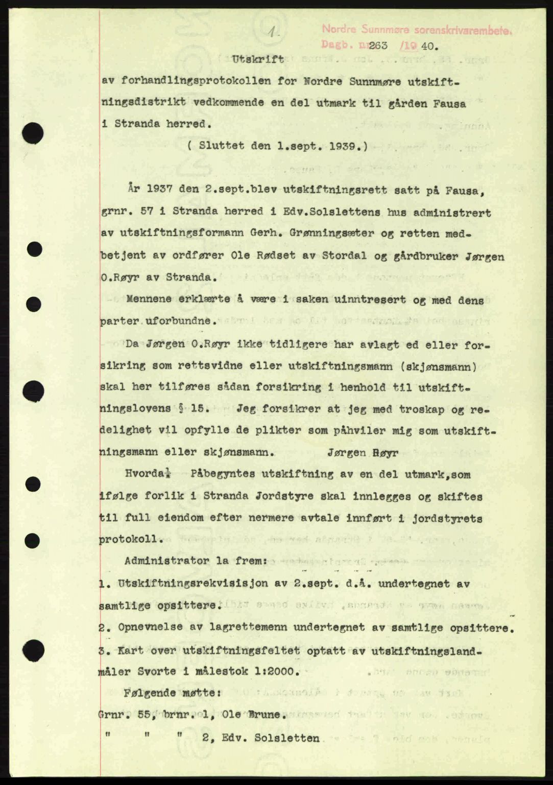 Nordre Sunnmøre sorenskriveri, AV/SAT-A-0006/1/2/2C/2Ca: Mortgage book no. A8, 1939-1940, Diary no: : 263/1940