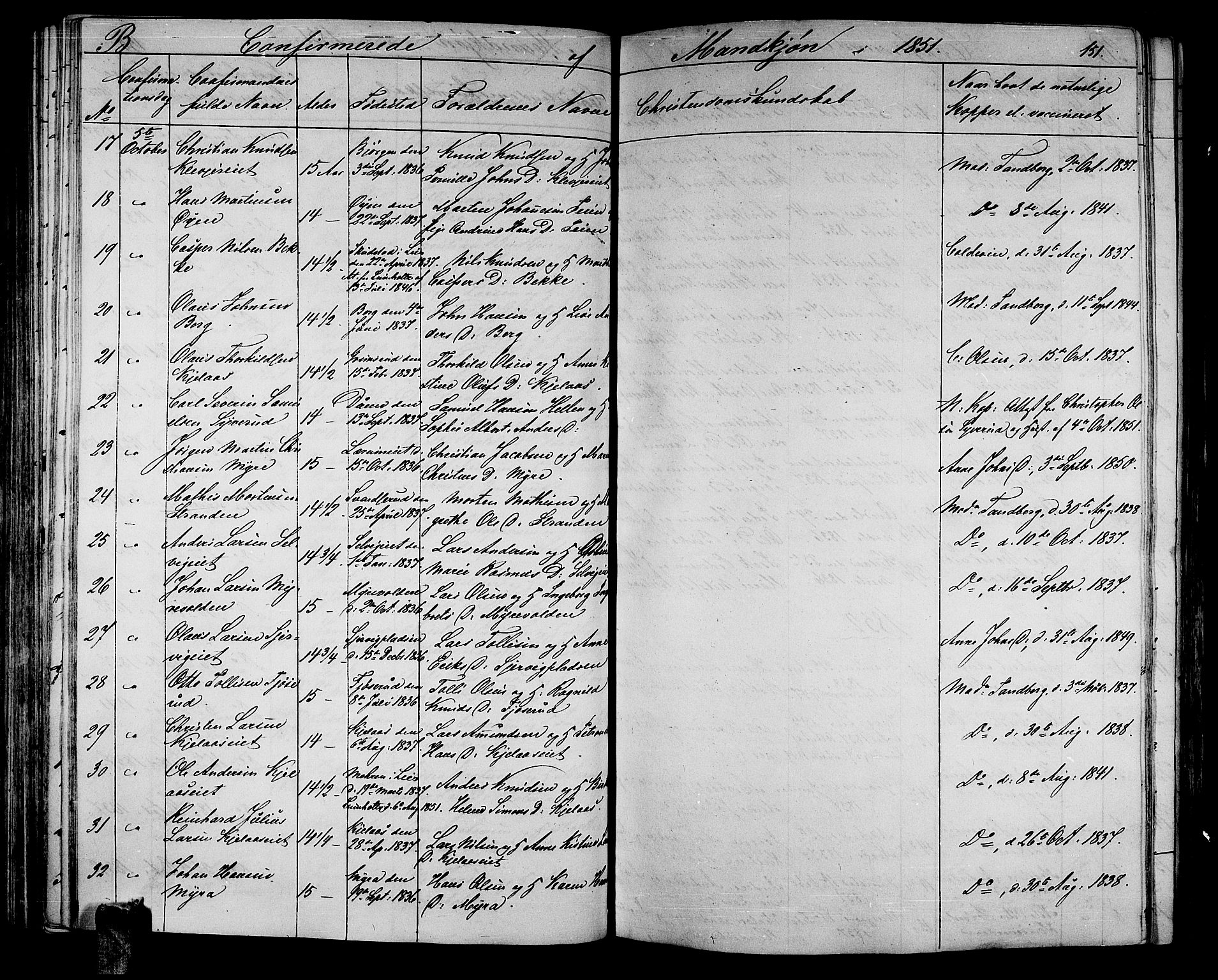 Sande Kirkebøker, SAKO/A-53/G/Ga/L0002: Parish register (copy) no. 2, 1847-1863, p. 151