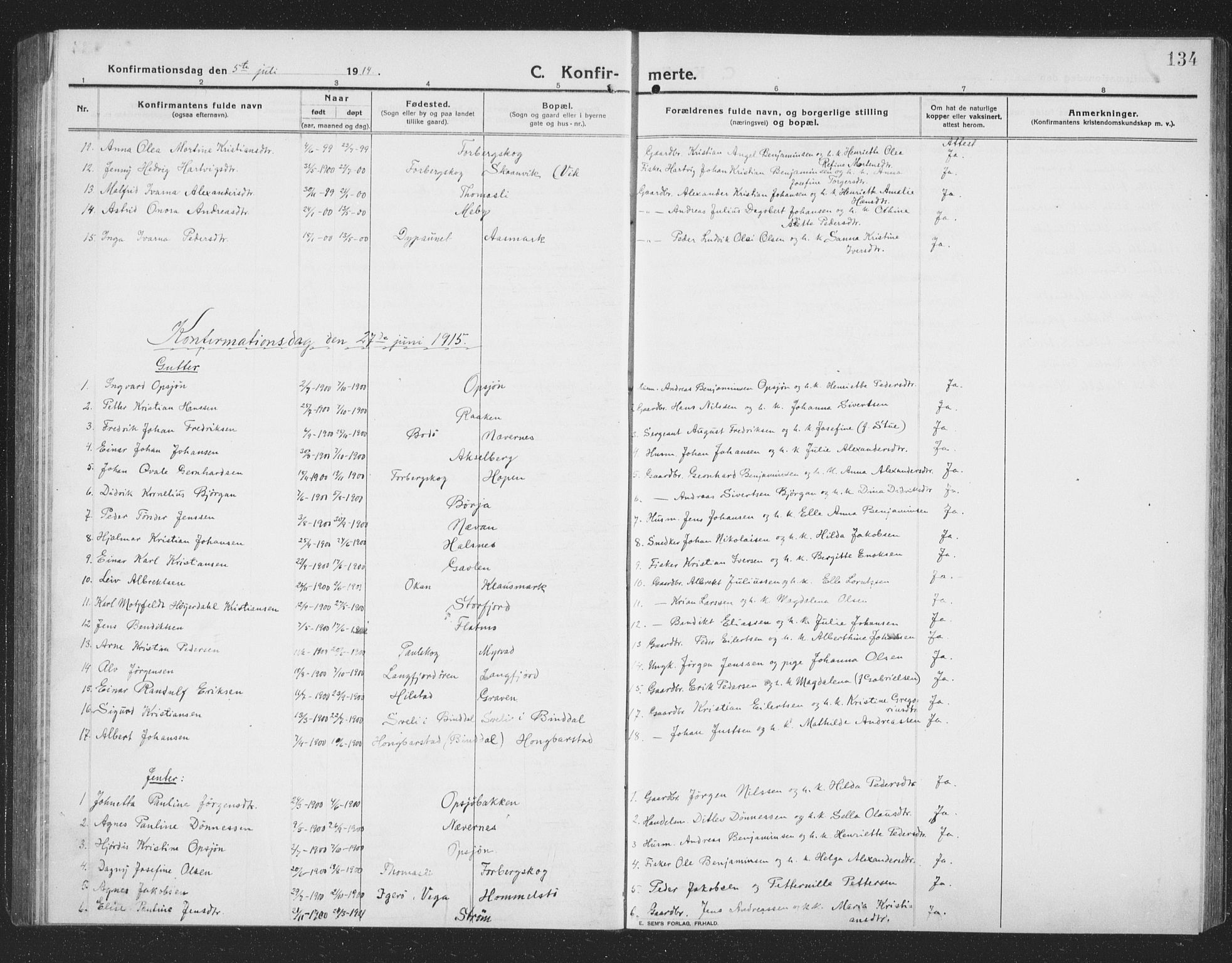 Ministerialprotokoller, klokkerbøker og fødselsregistre - Nordland, AV/SAT-A-1459/814/L0231: Parish register (copy) no. 814C04, 1912-1926, p. 134