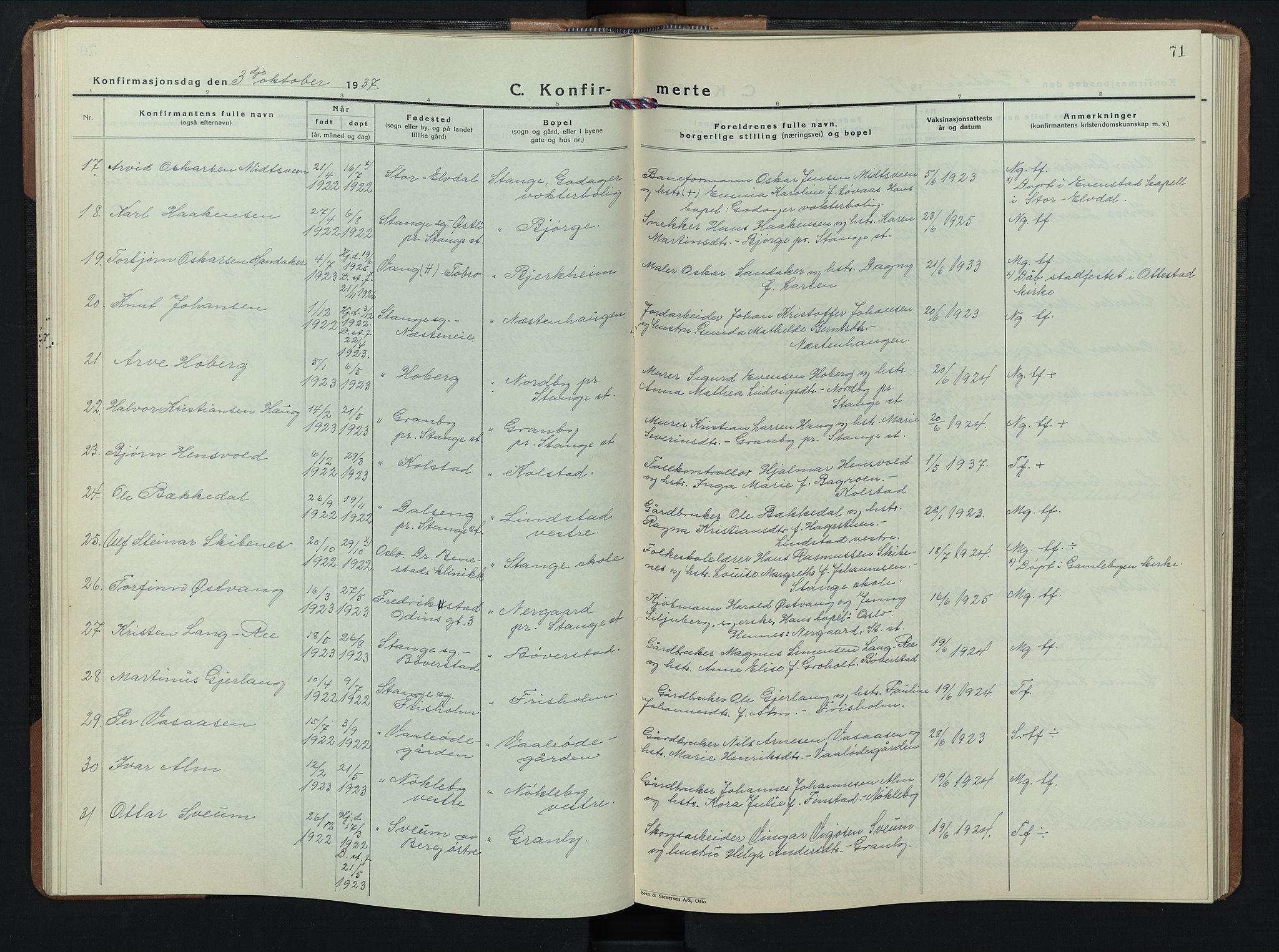 Stange prestekontor, AV/SAH-PREST-002/L/L0020: Parish register (copy) no. 20, 1936-1947, p. 71