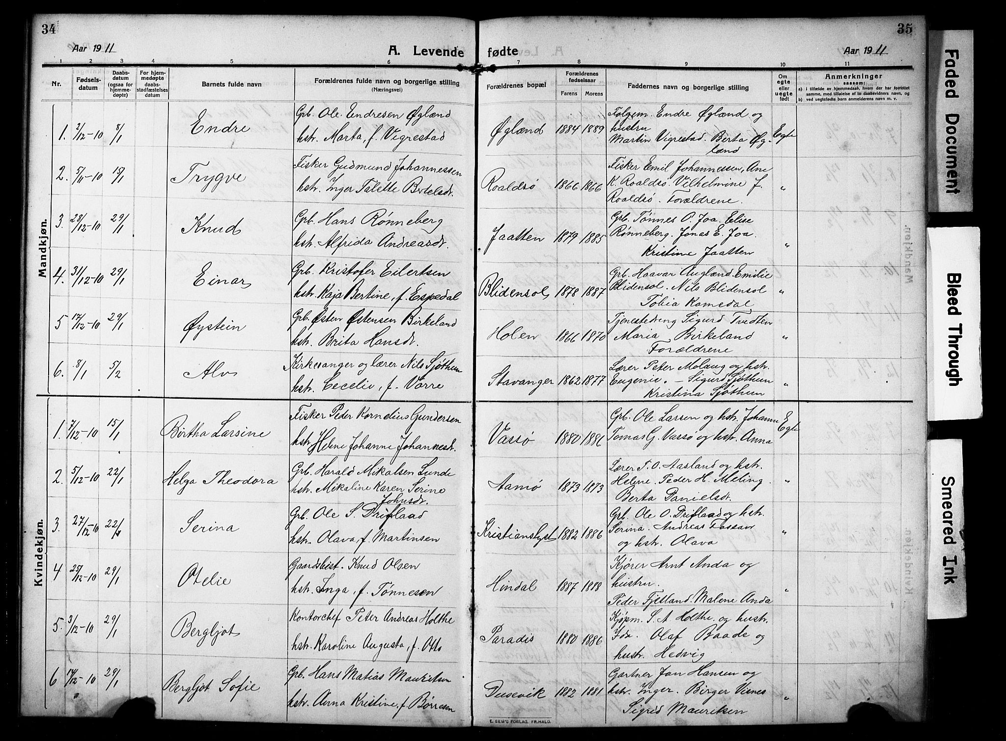 Hetland sokneprestkontor, SAST/A-101826/30/30BB/L0008: Parish register (copy) no. B 8, 1910-1921, p. 34-35