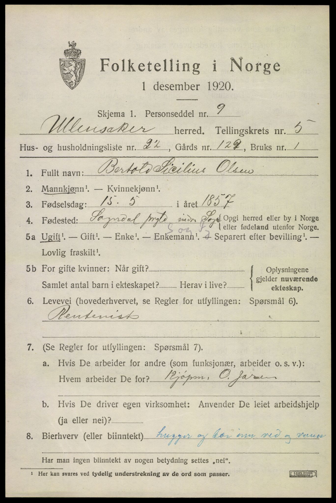 SAO, 1920 census for Ullensaker, 1920, p. 9321