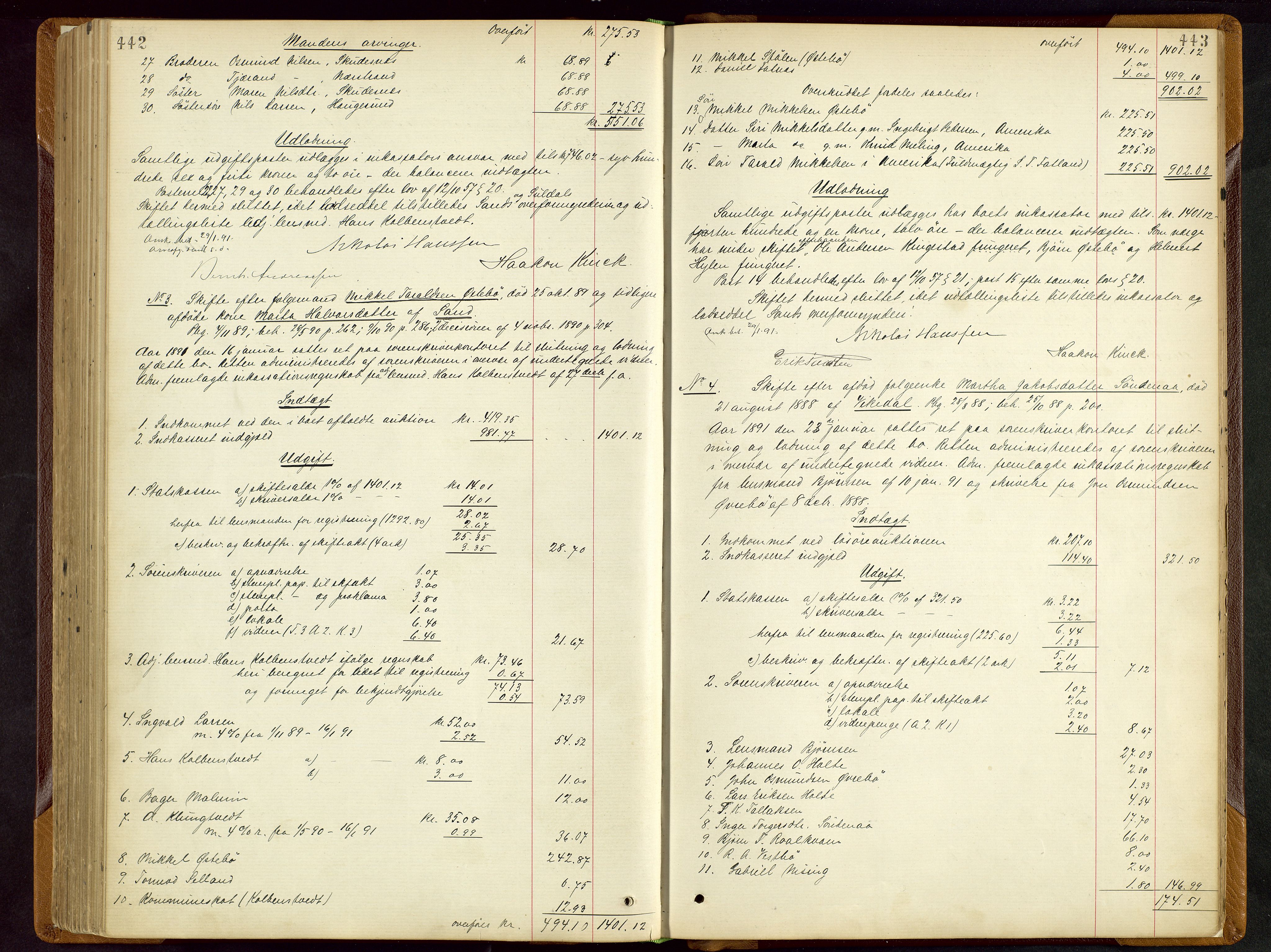 Ryfylke tingrett, AV/SAST-A-100055/001/IV/IVD/L0028: Skifteprotokoll, register i protokollen, 1885-1893, p. 442-443