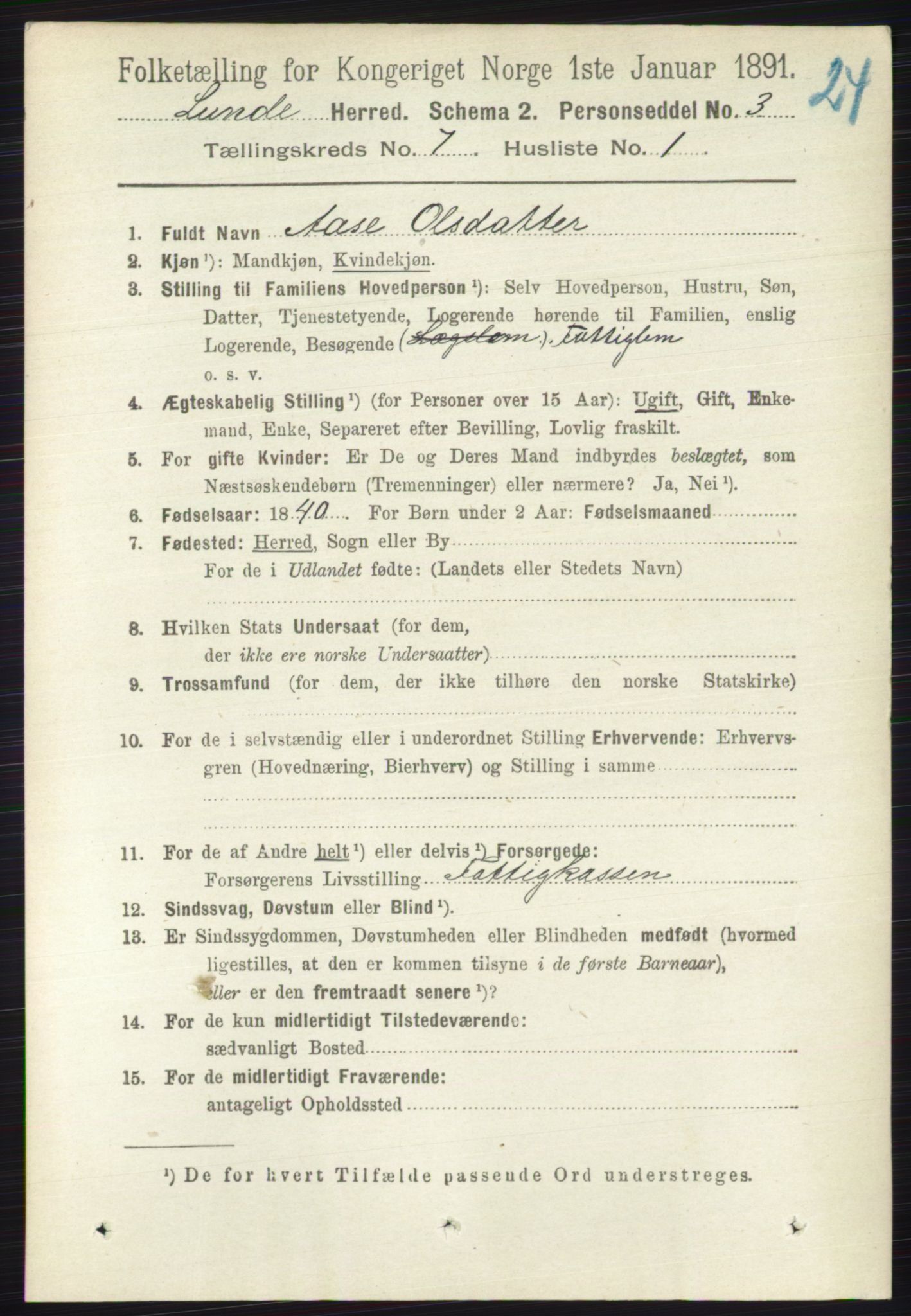 RA, 1891 census for 0820 Lunde, 1891, p. 2201