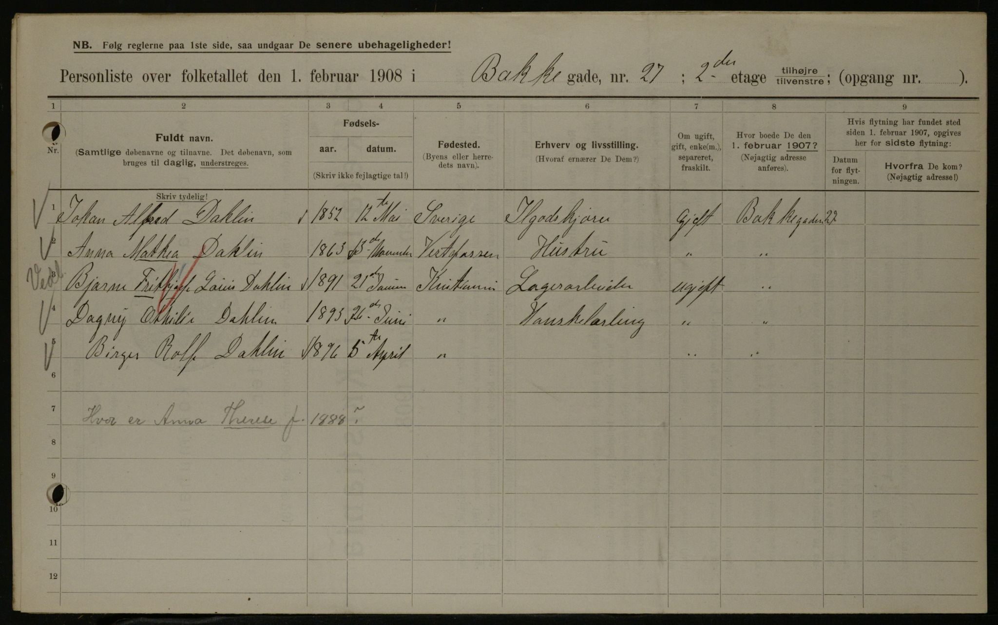 OBA, Municipal Census 1908 for Kristiania, 1908, p. 3057