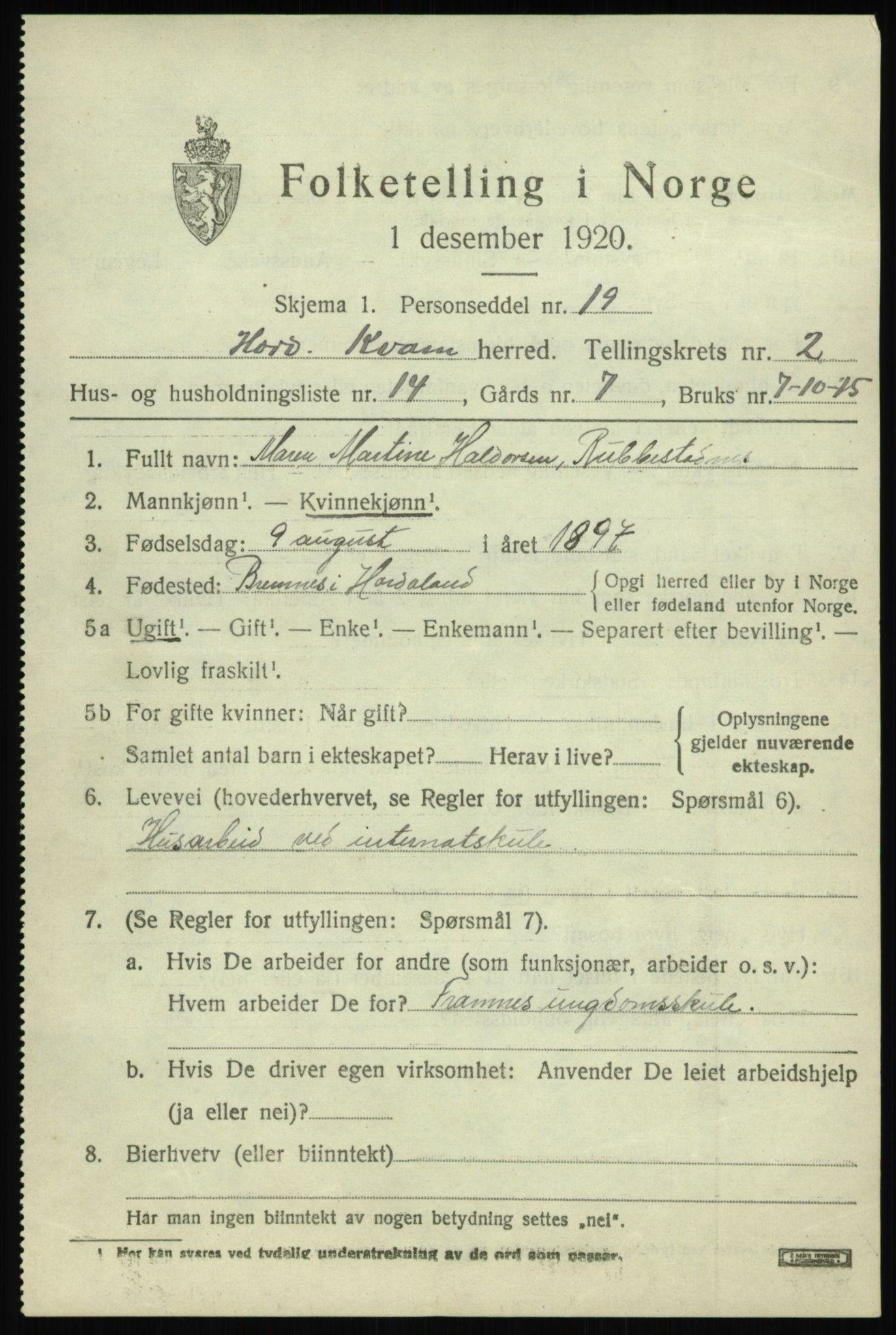 SAB, 1920 census for Kvam, 1920, p. 2007