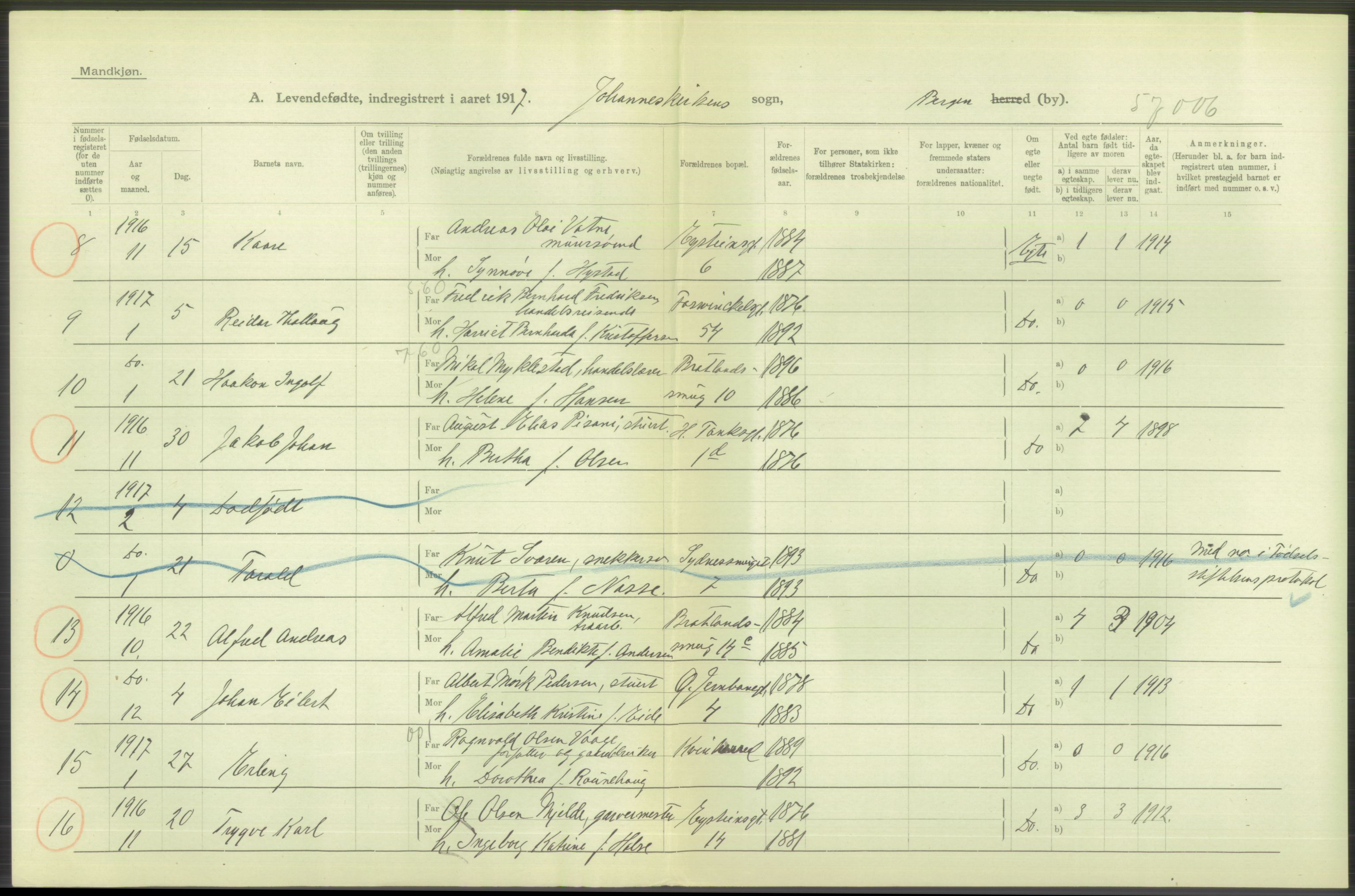 Statistisk sentralbyrå, Sosiodemografiske emner, Befolkning, AV/RA-S-2228/D/Df/Dfb/Dfbg/L0037: Bergen: Levendefødte menn og kvinner., 1917, p. 172