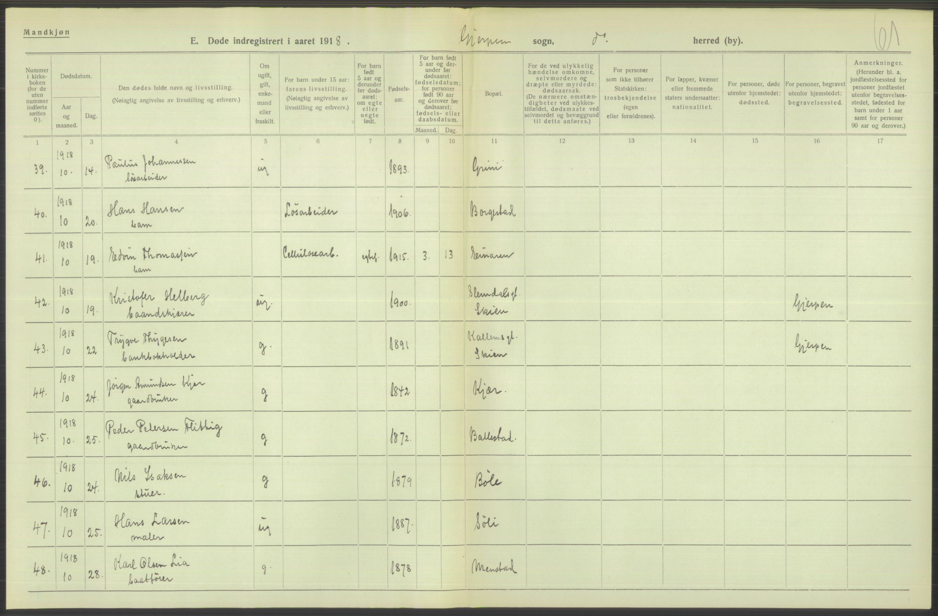 Statistisk sentralbyrå, Sosiodemografiske emner, Befolkning, AV/RA-S-2228/D/Df/Dfb/Dfbh/L0026: Telemark fylke: Døde. Bygder og byer., 1918, p. 388