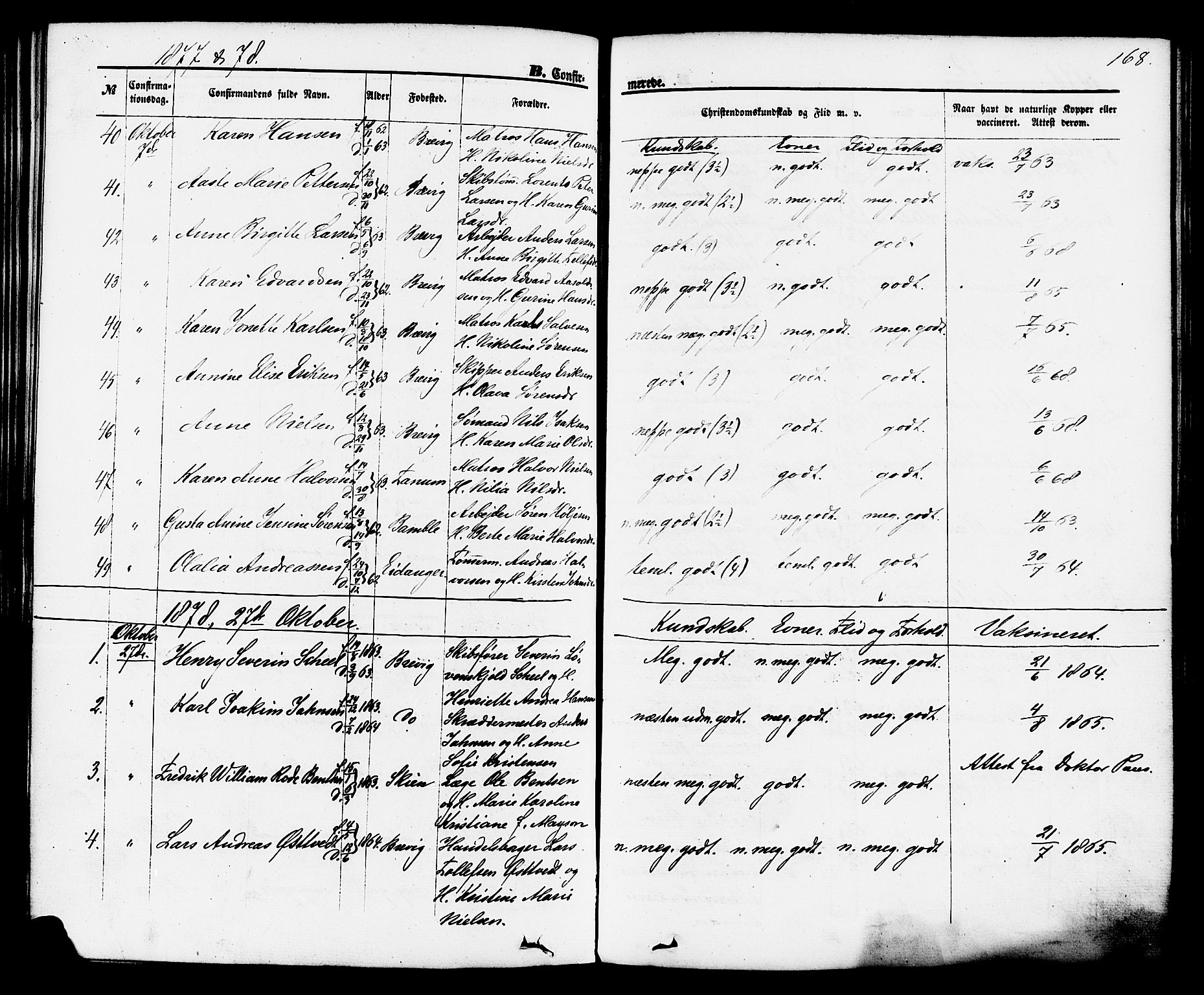 Brevik kirkebøker, SAKO/A-255/F/Fa/L0006: Parish register (official) no. 6, 1866-1881, p. 168
