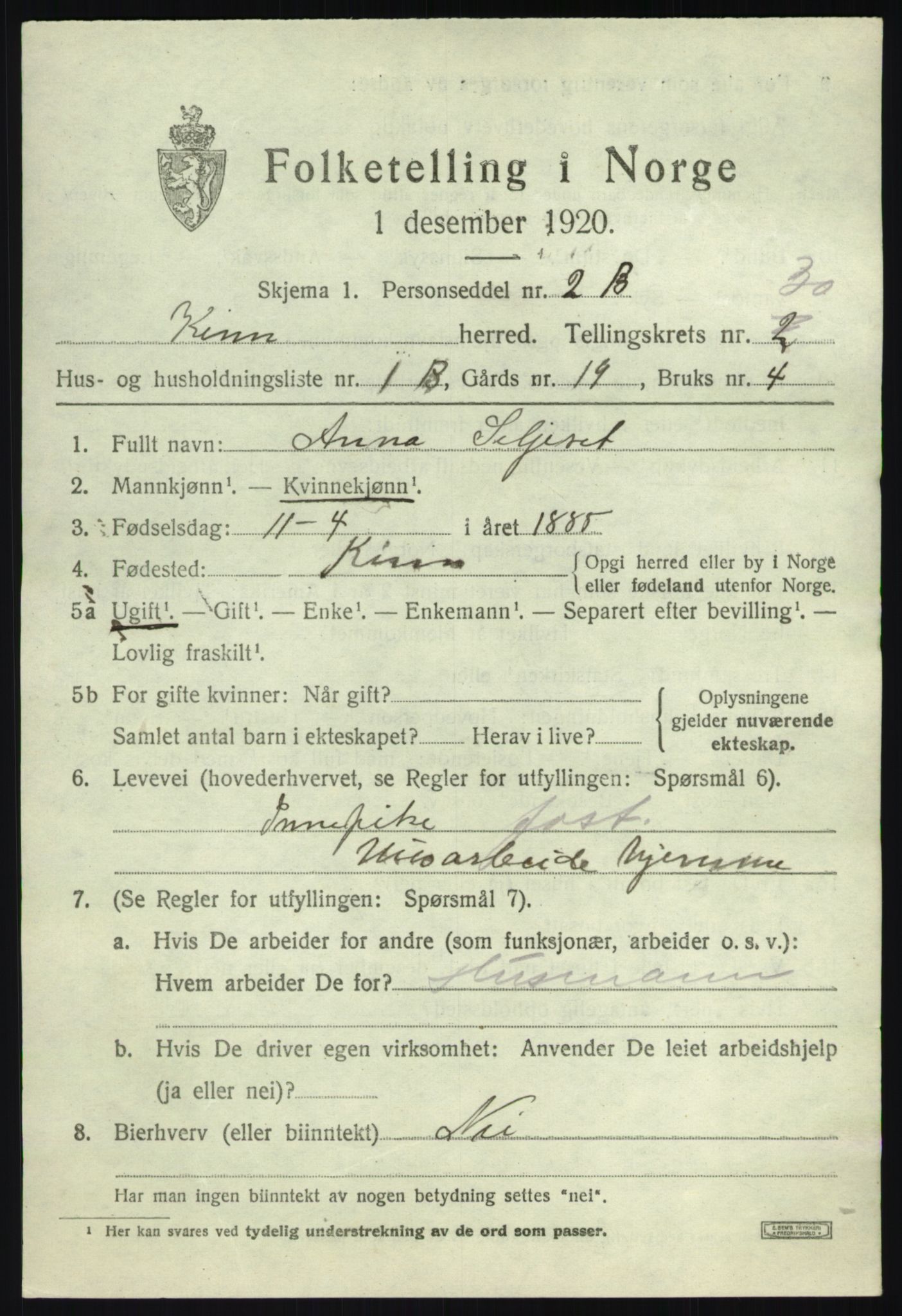 SAB, 1920 census for Kinn, 1920, p. 10363