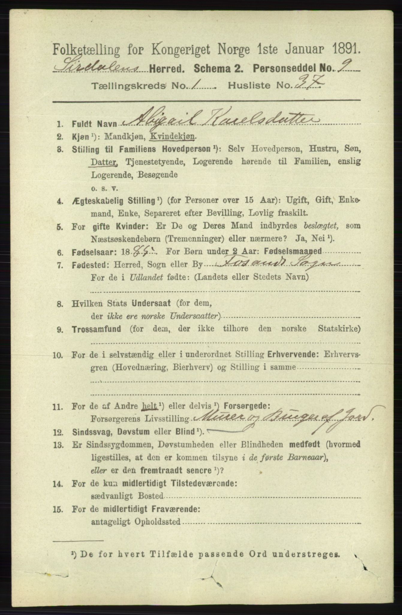 RA, 1891 census for 1046 Sirdal, 1891, p. 286