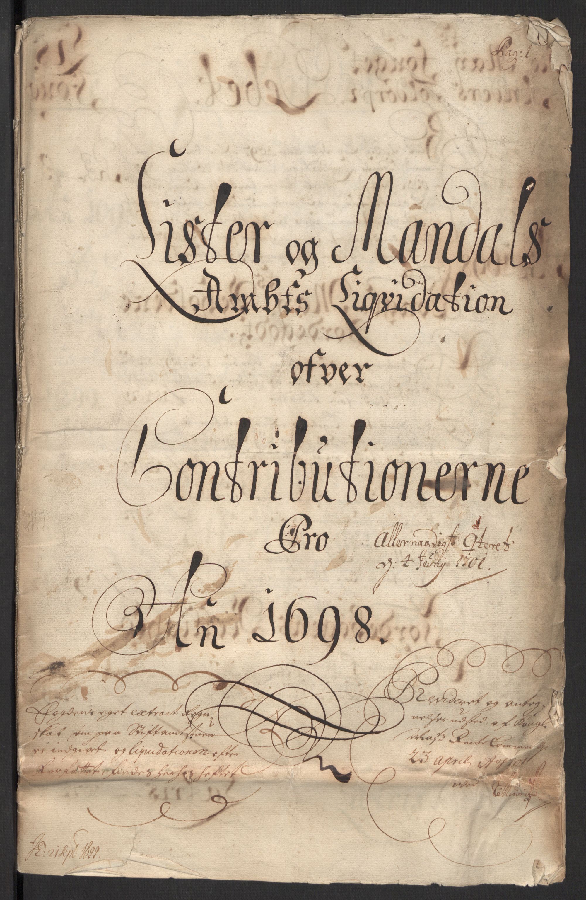 Rentekammeret inntil 1814, Reviderte regnskaper, Fogderegnskap, RA/EA-4092/R43/L2547: Fogderegnskap Lista og Mandal, 1698-1699, p. 3