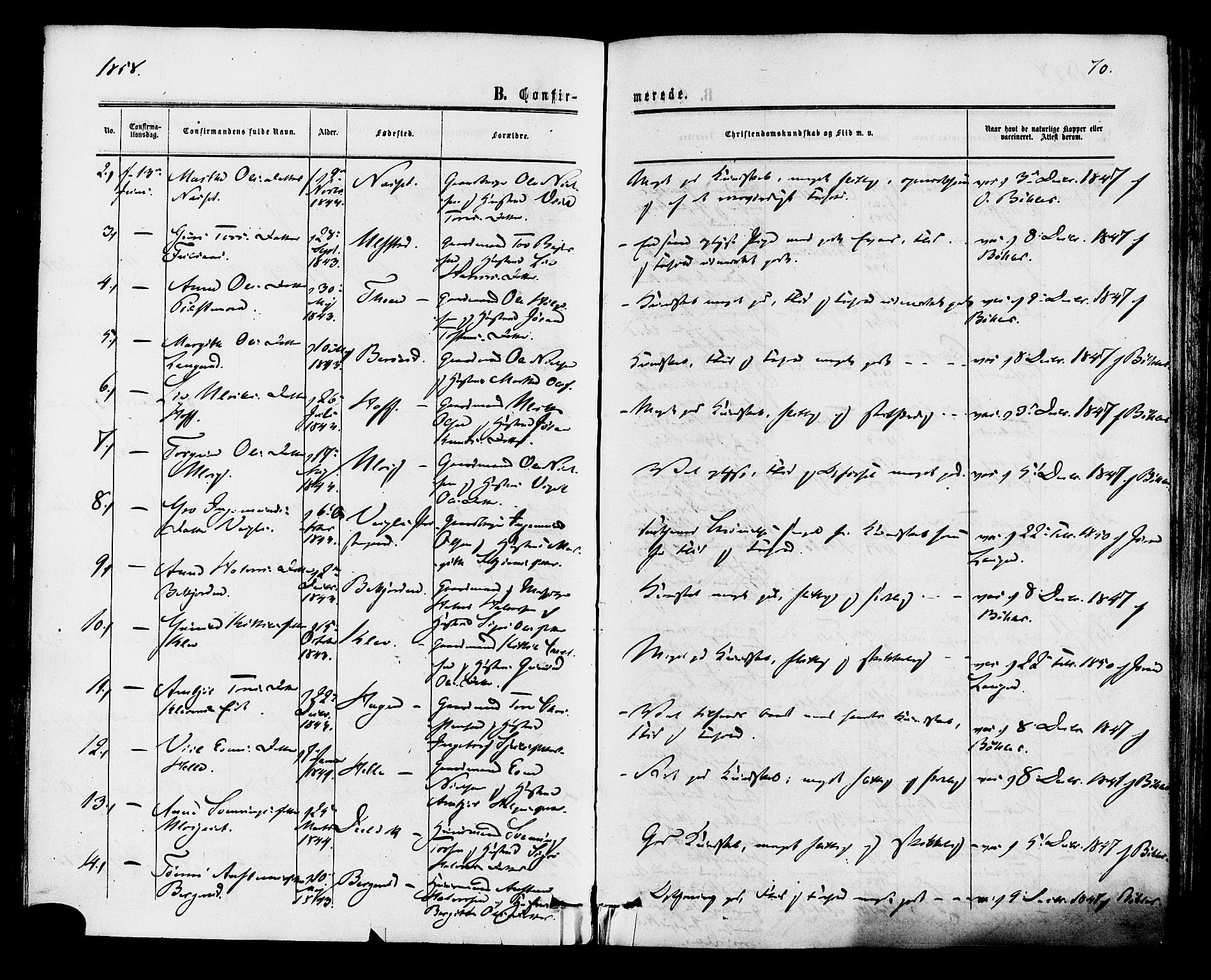 Rollag kirkebøker, AV/SAKO-A-240/F/Fa/L0009: Parish register (official) no. I 9, 1860-1874, p. 70