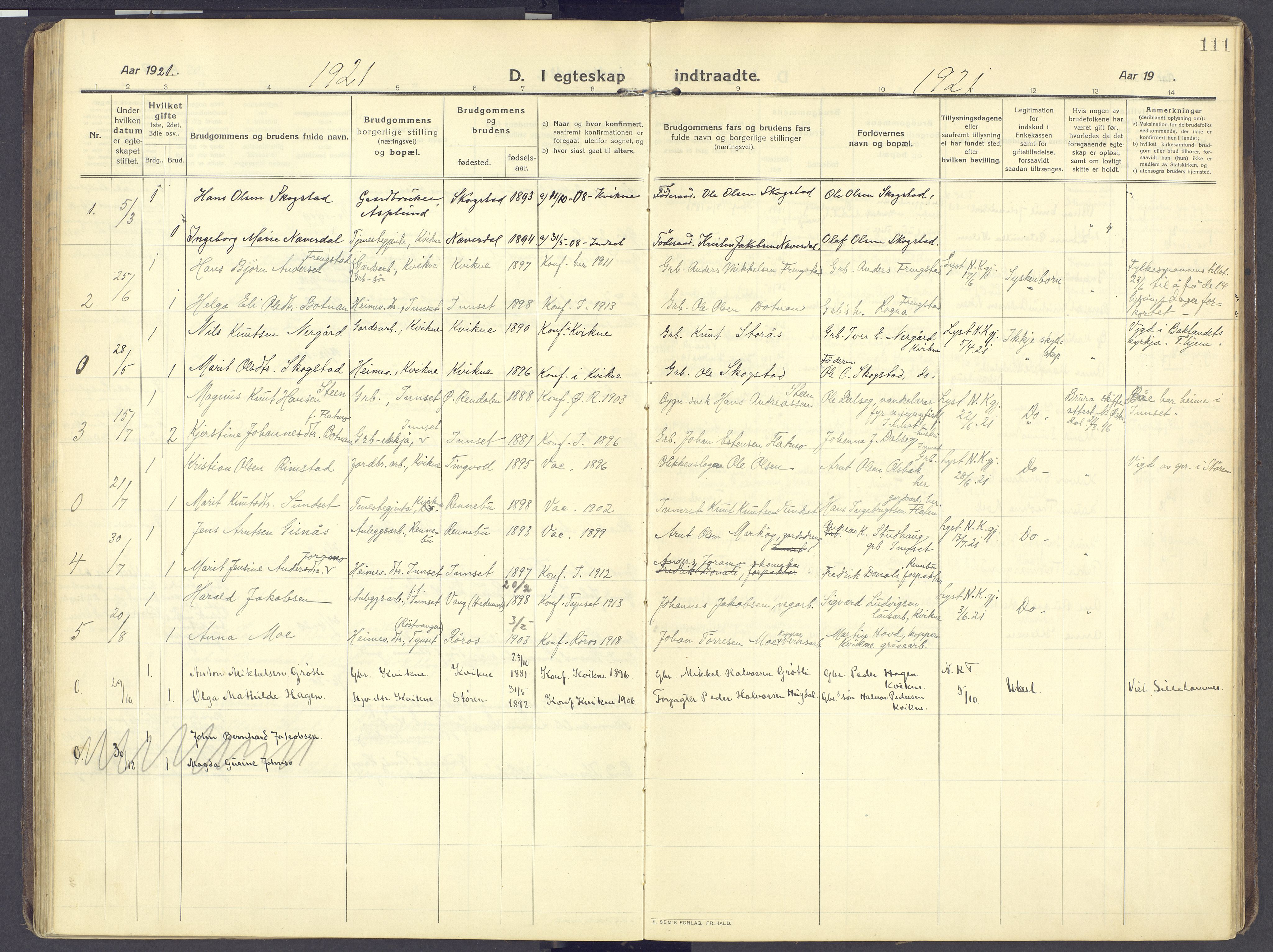 Kvikne prestekontor, SAH/PREST-064/H/Ha/Haa/L0009: Parish register (official) no. 9, 1911-1942, p. 111