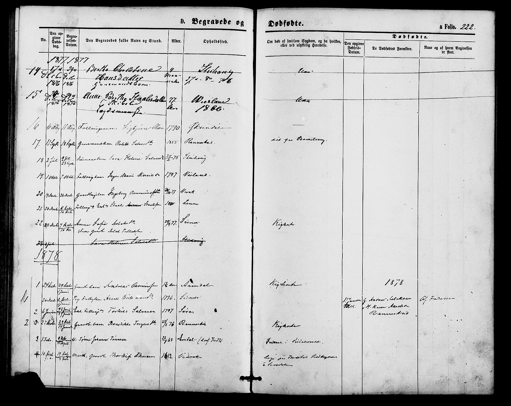 Bakke sokneprestkontor, SAK/1111-0002/F/Fa/Faa/L0007: Parish register (official) no. A 7, 1877-1886, p. 222