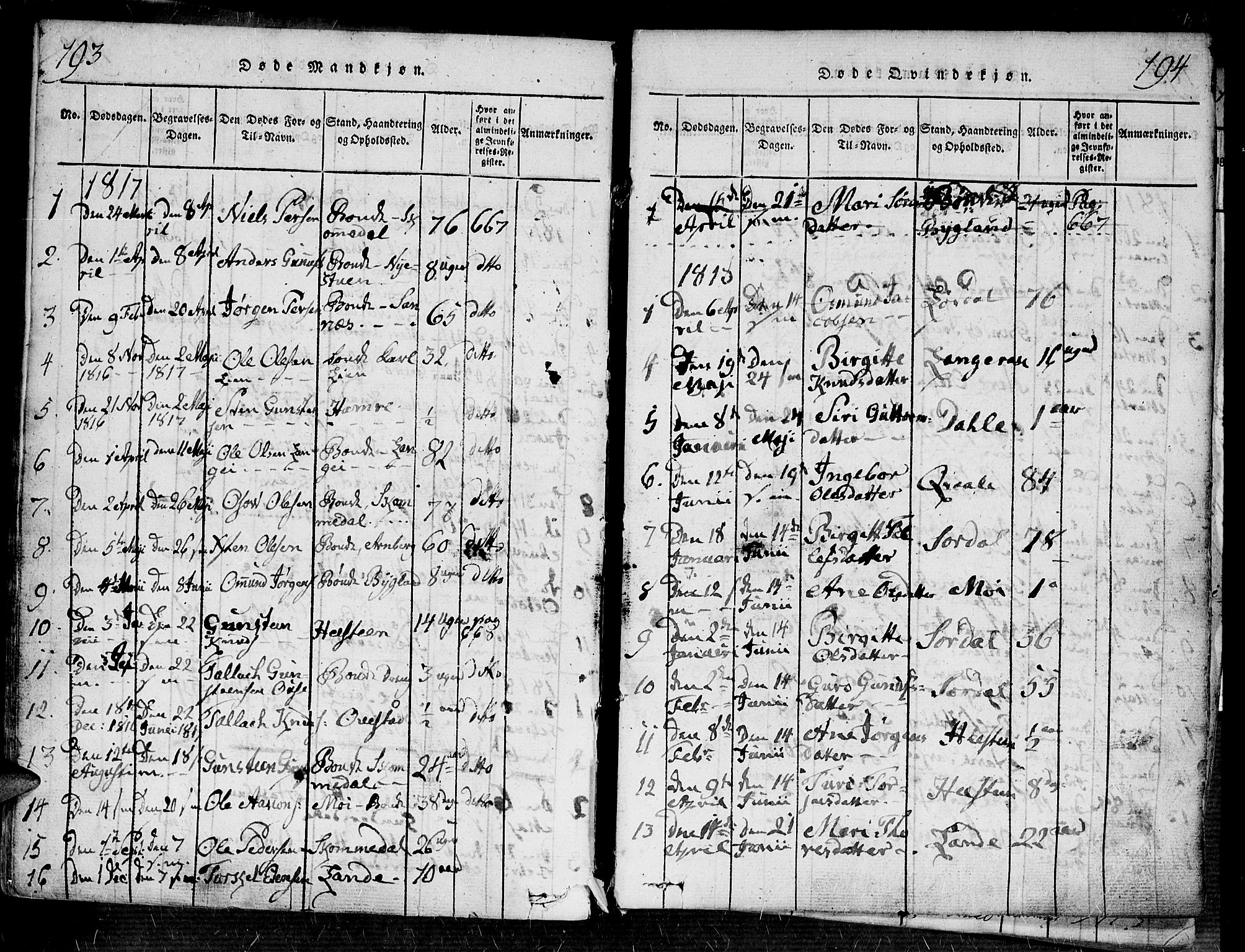 Bygland sokneprestkontor, AV/SAK-1111-0006/F/Fa/Fab/L0003: Parish register (official) no. A 3, 1816-1841, p. 193-194