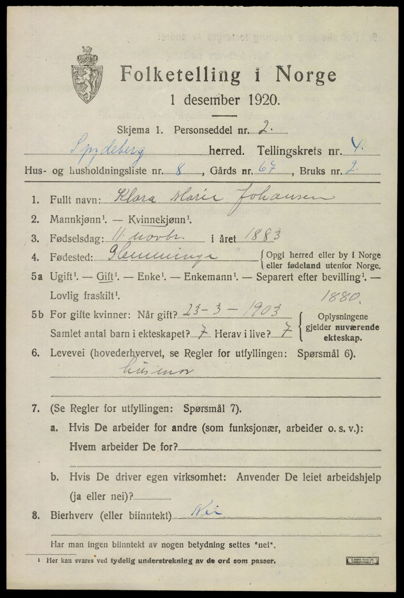 SAO, 1920 census for Spydeberg, 1920, p. 5629