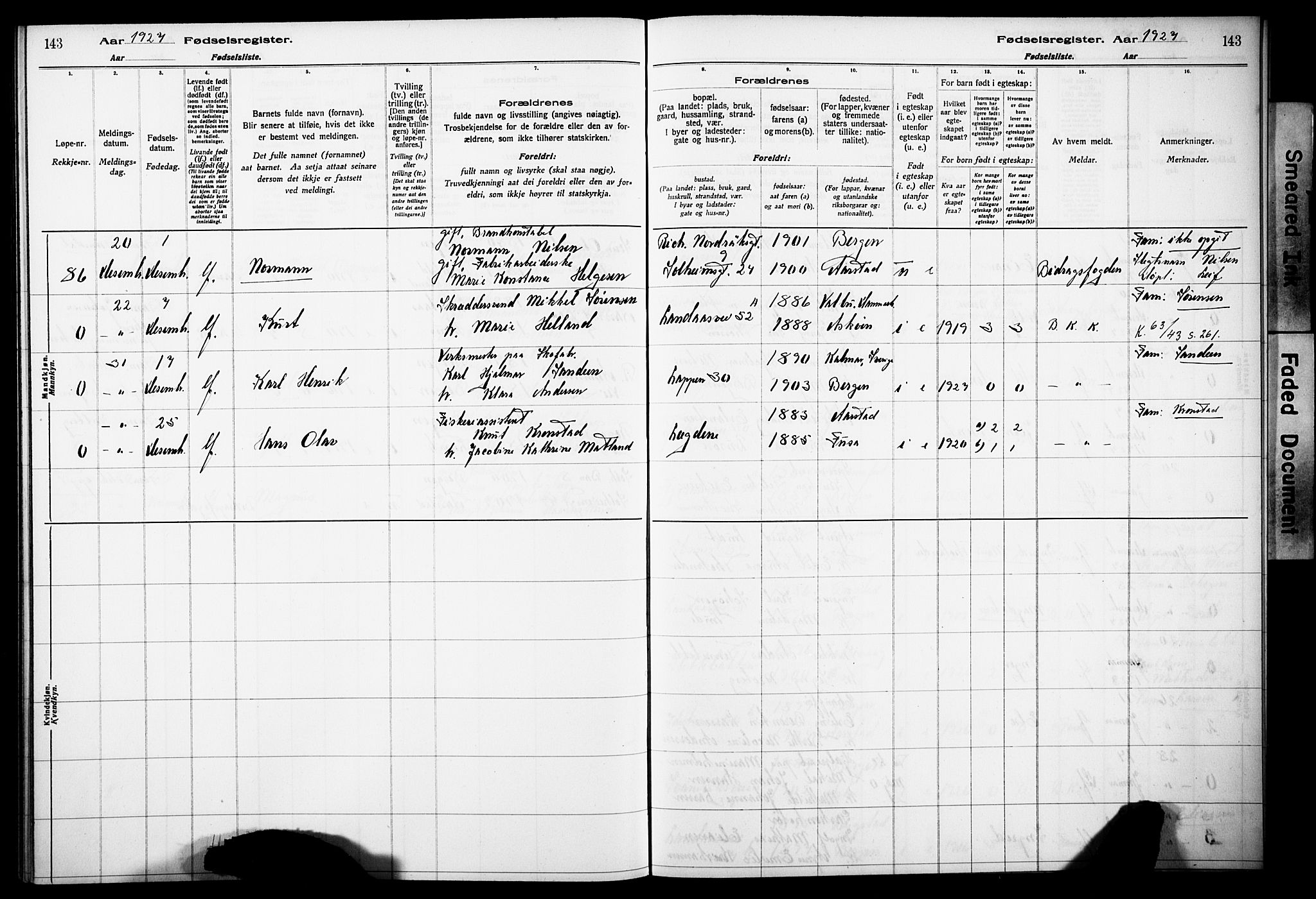 Årstad Sokneprestembete, AV/SAB-A-79301/I/Id/L0A03: Birth register no. A 3, 1924-1929, p. 143