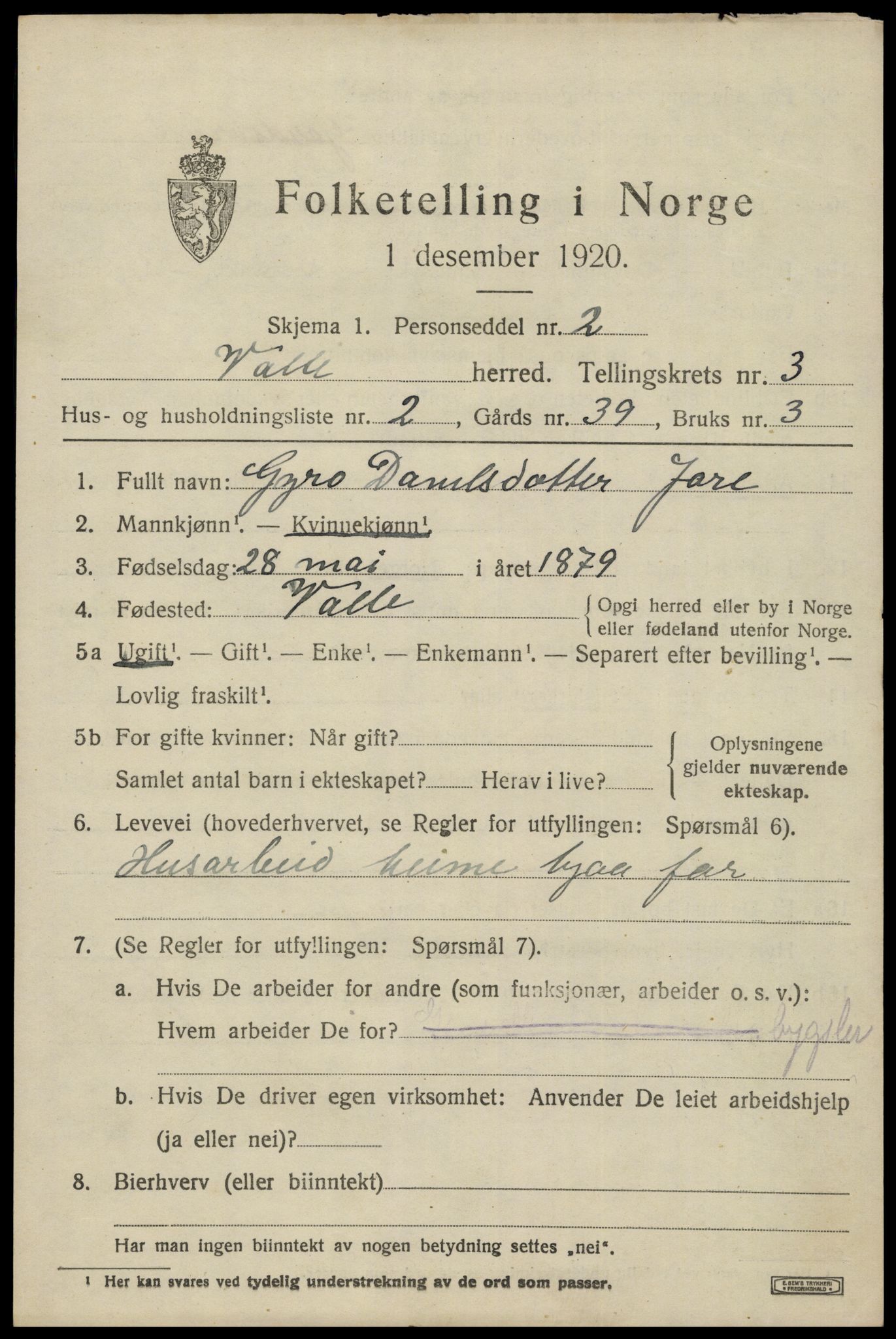 SAK, 1920 census for Valle, 1920, p. 1549