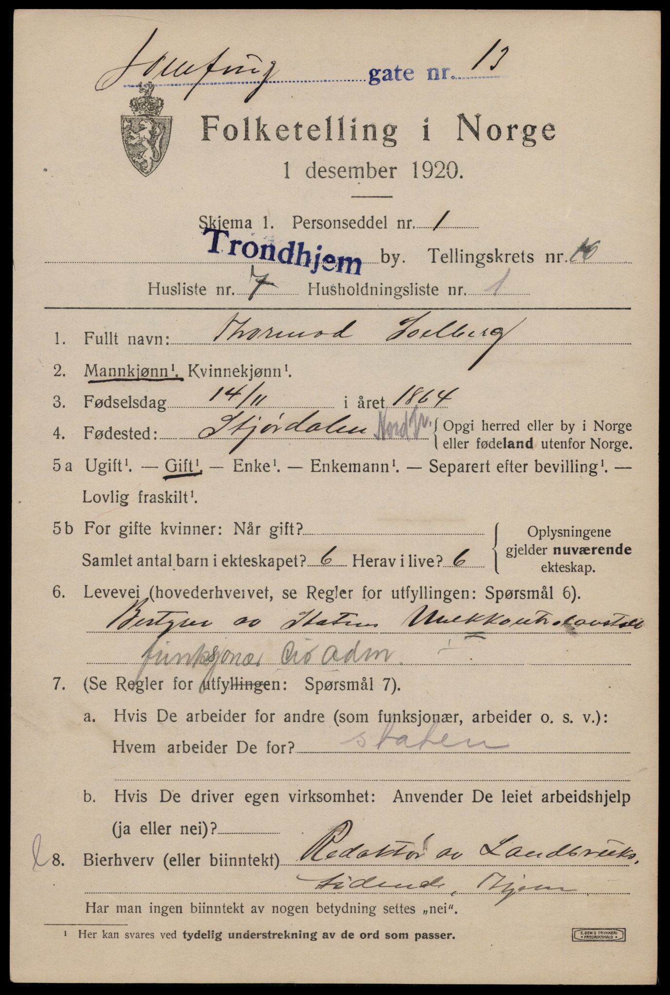 SAT, 1920 census for Trondheim, 1920, p. 54222