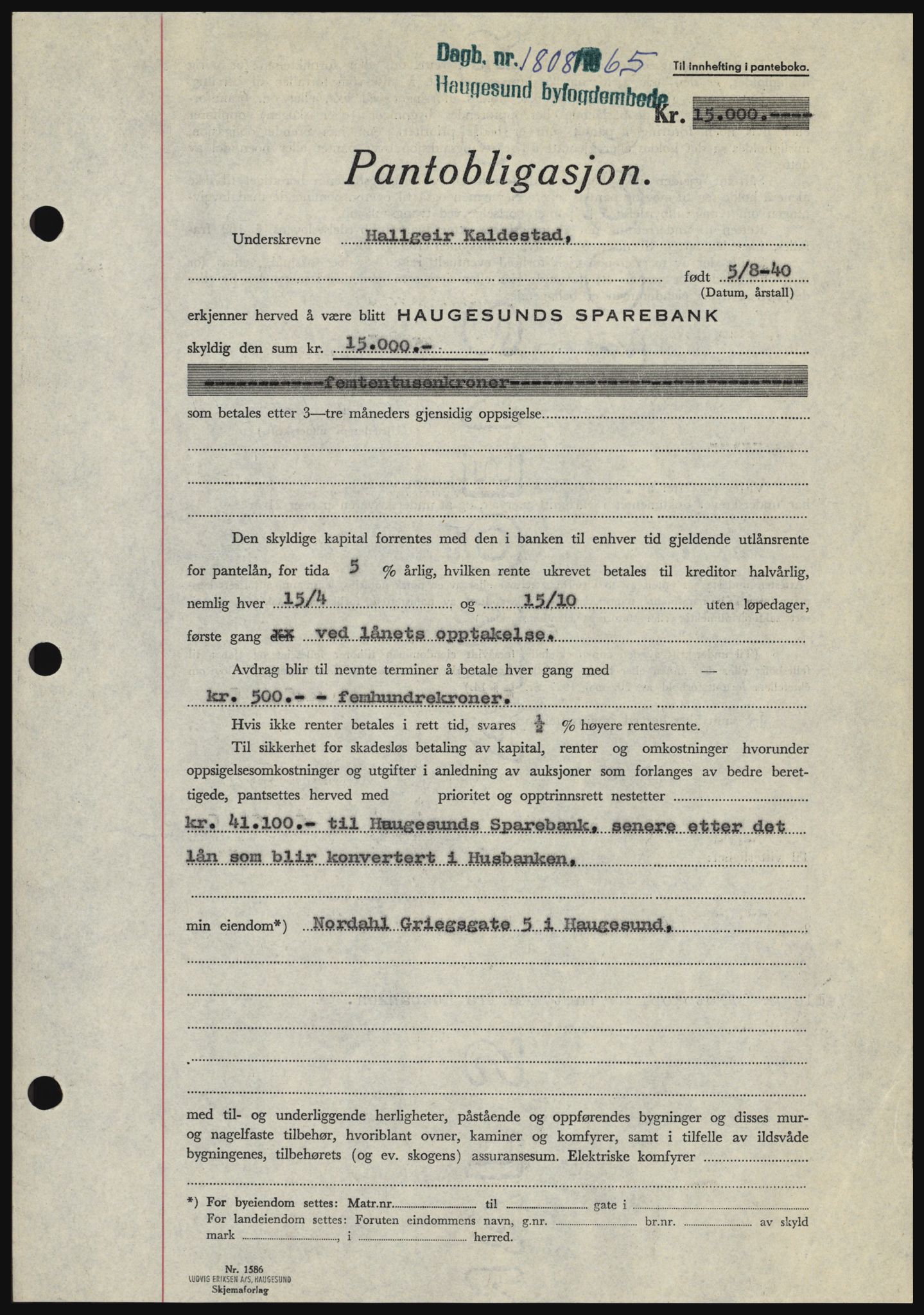 Haugesund tingrett, SAST/A-101415/01/II/IIC/L0053: Mortgage book no. B 53, 1965-1965, Diary no: : 1808/1965