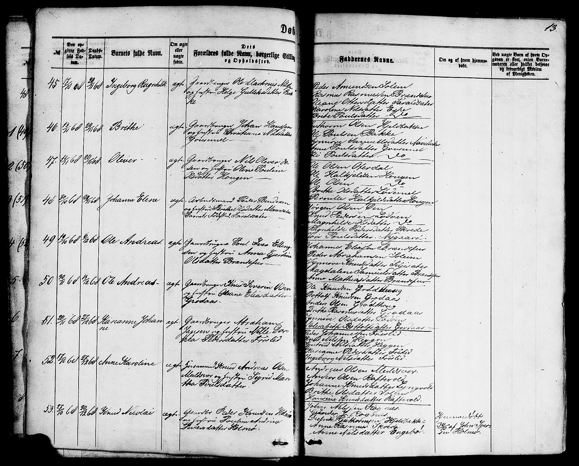 Hornindal sokneprestembete, AV/SAB-A-82401/H/Haa/Haaa/L0002: Parish register (official) no. A 2, 1867-1884, p. 13