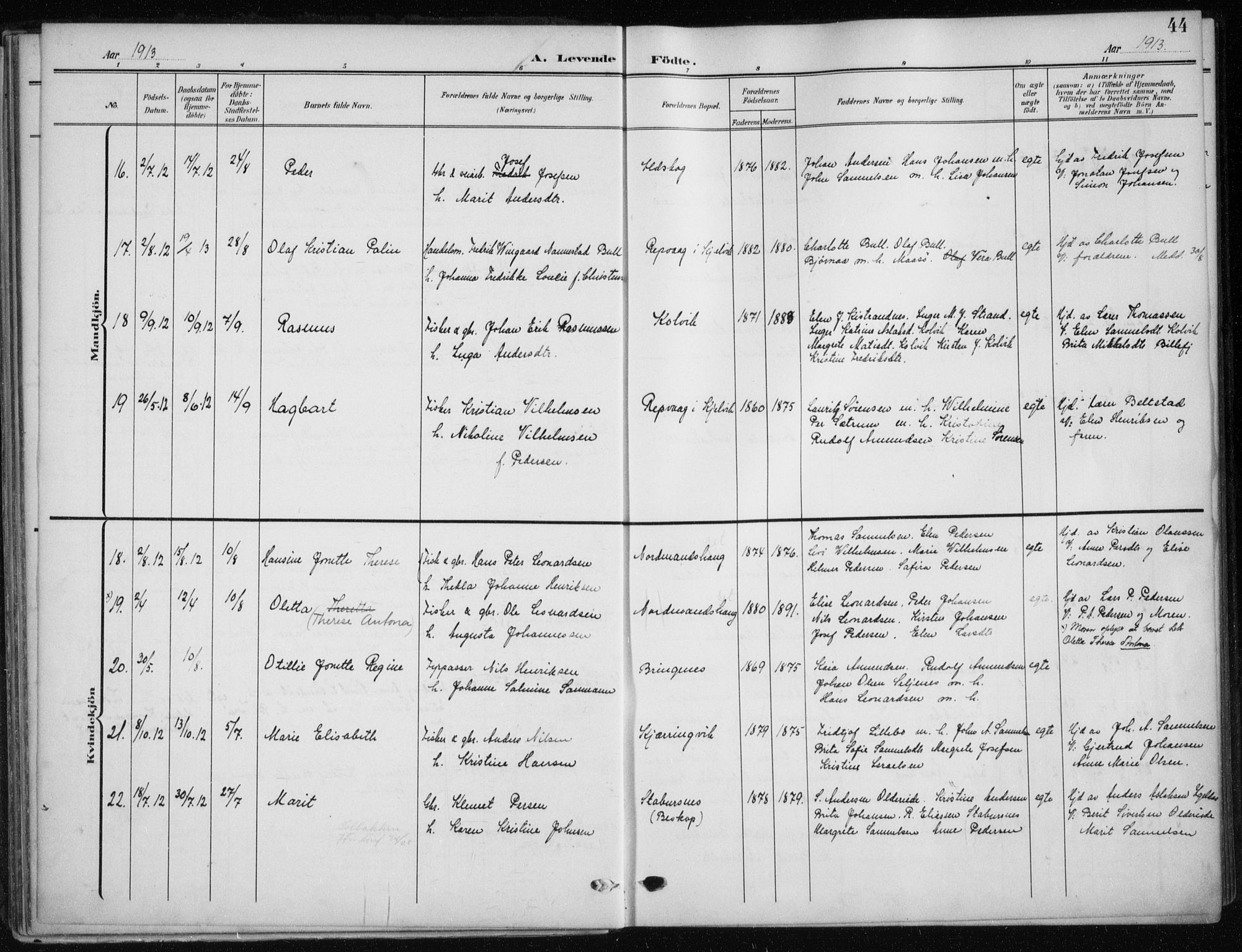 Kistrand/Porsanger sokneprestembete, AV/SATØ-S-1351/H/Ha/L0014.kirke: Parish register (official) no. 14, 1908-1917, p. 44