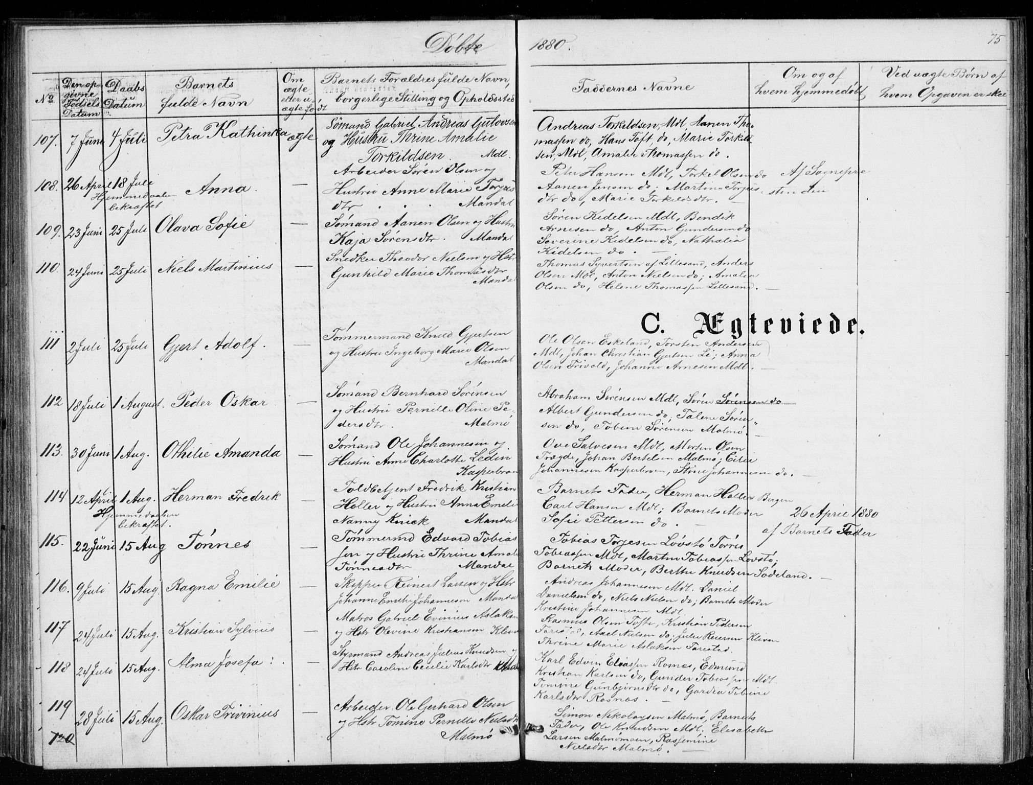 Mandal sokneprestkontor, AV/SAK-1111-0030/F/Fb/Fba/L0010: Parish register (copy) no. B 4, 1876-1880, p. 75