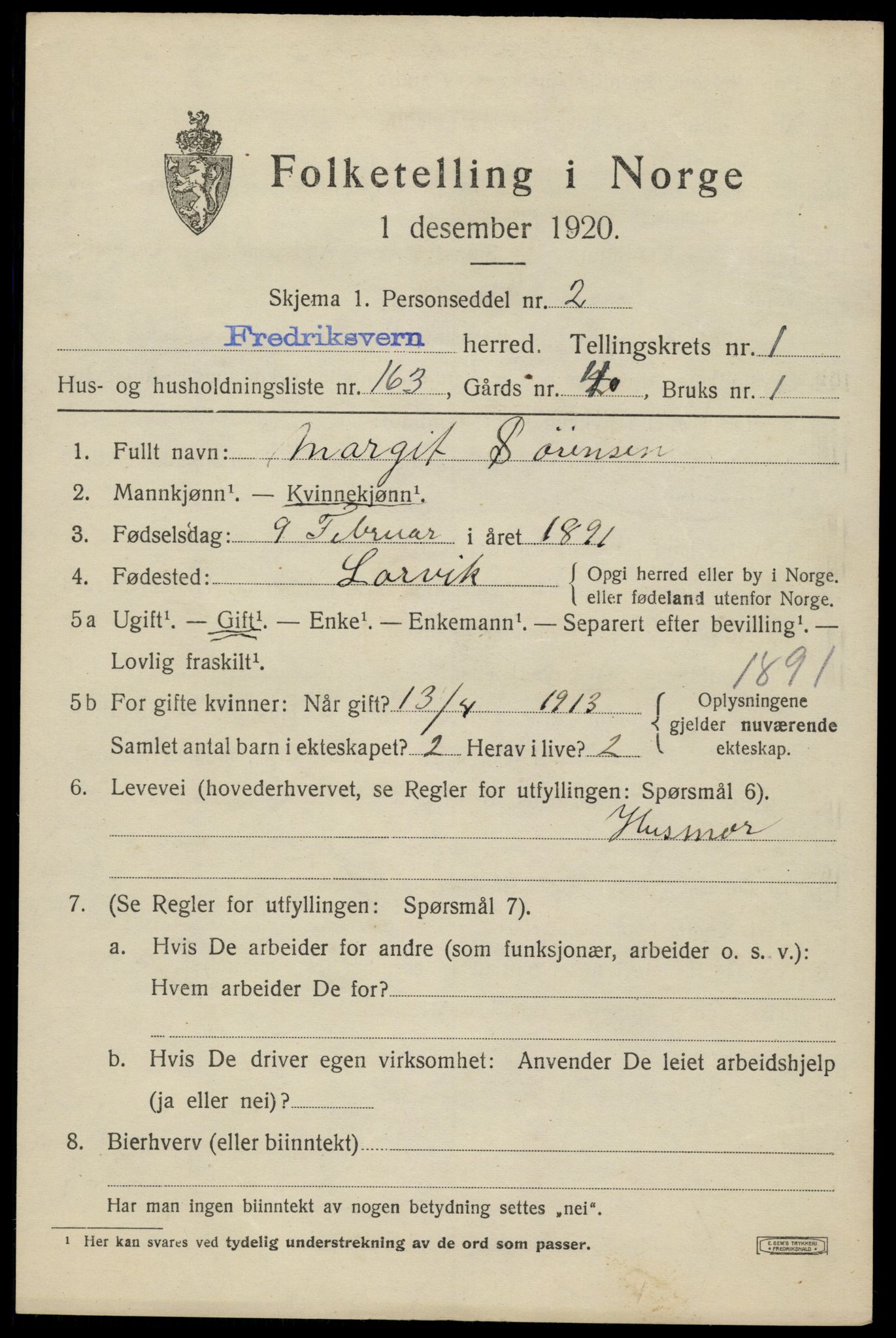 SAKO, 1920 census for Fredriksvern, 1920, p. 1485