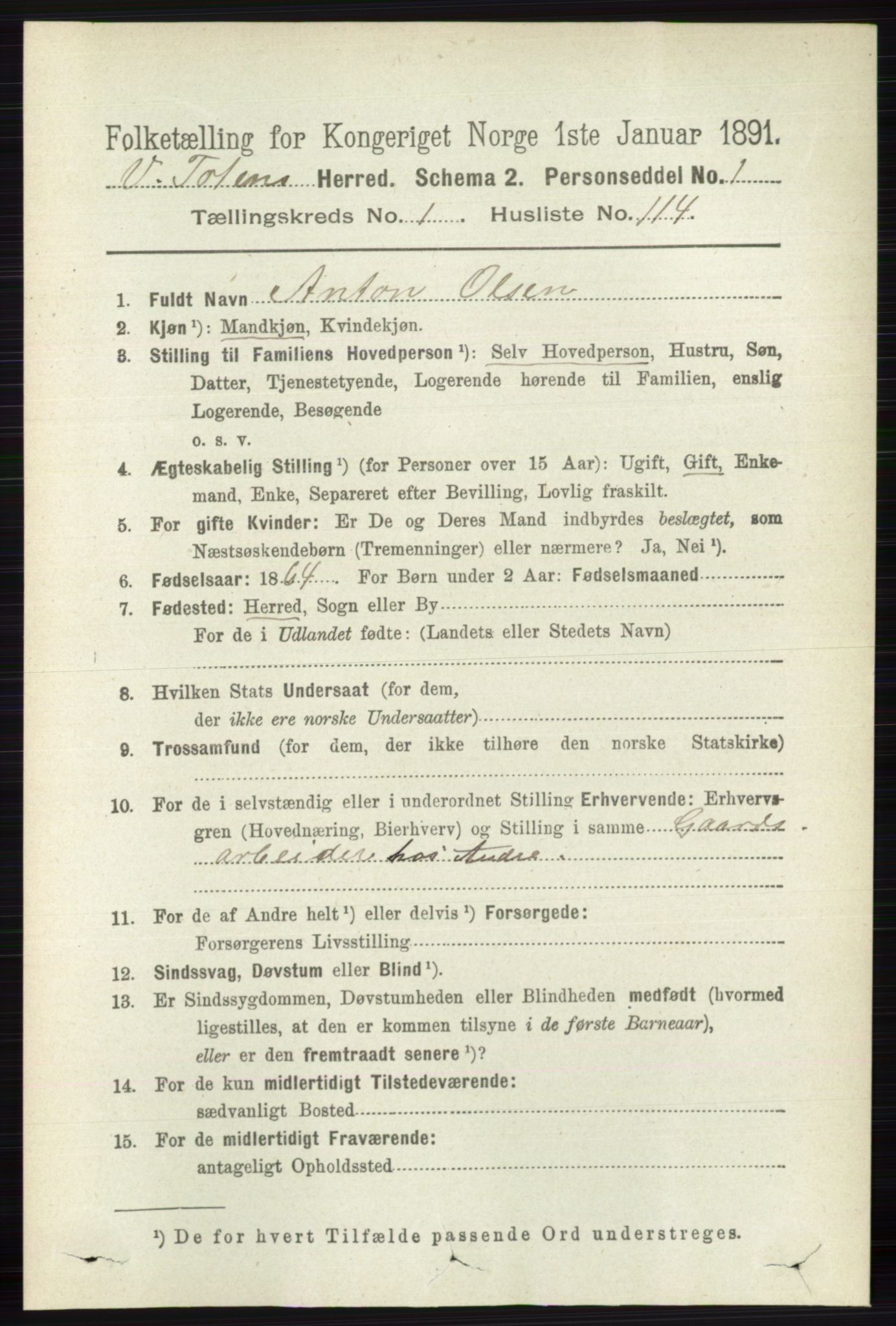 RA, 1891 census for 0529 Vestre Toten, 1891, p. 1110