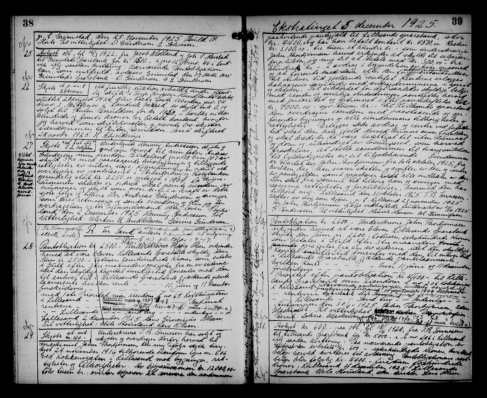 Vestre Nedenes/Sand sorenskriveri, AV/SAK-1221-0010/G/Gb/Gba/L0035: Mortgage book no. 61, 1925-1929, p. 38-39